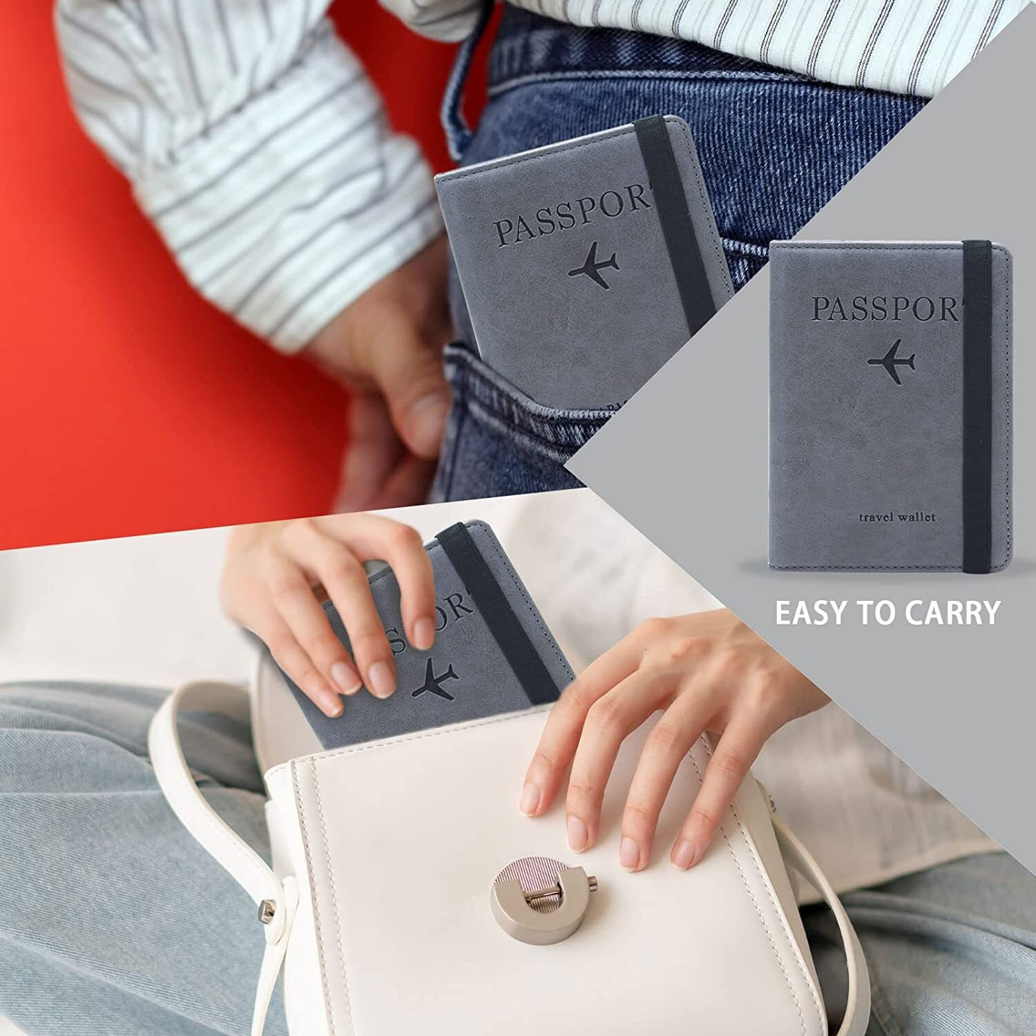 Vogard Slim Leather Travel Passport Wallet Casual Solid Credit Card Holder Money Wallet Id Multifunction Documents Flight License Purse - Grey
