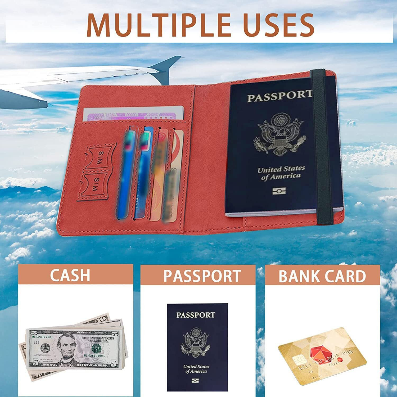 Vogard Slim Leather Travel Passport Wallet Casual Solid Credit Card Holder Money Wallet Id Multifunction Documents Flight License Purse - Tan