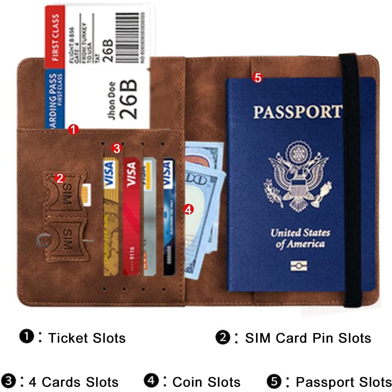 Vogard Slim Leather Travel Passport Wallet Casual Solid Credit Card Holder Money Wallet Id Multifunction Documents Flight License Purse - Tan
