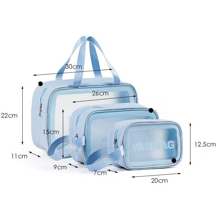 Flyngo Clear Makeup Pouch Set, Cosmetic Organizer Bag For Women And Girls Travel Waterproof Toiletry Storage Kit (Set Of 3 Light Blue)