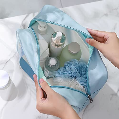 Flyngo Clear Makeup Pouch Set, Cosmetic Organizer Bag For Women And Girls Travel Waterproof Toiletry Storage Kit (Set Of 3 Light Blue)