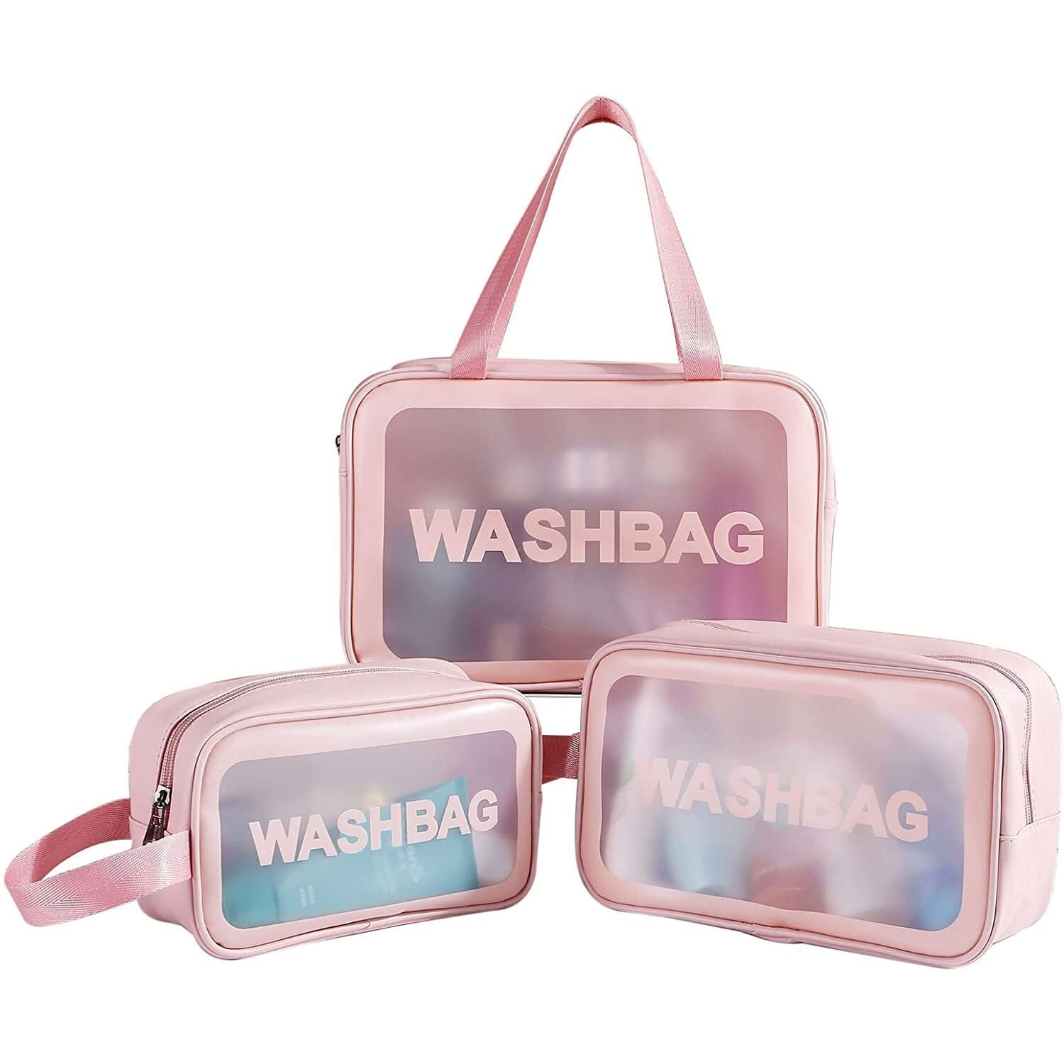 Flyngo Clear Makeup Pouch Set, Cosmetic Organizer Bag For Women And Girls Travel Waterproof Toiletry Storage Kit (Set Of 3 Light Pink)