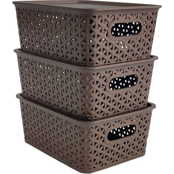 Homestrap Set Of 3 Plastic Storage Organizers/Baskets With Lid For Kitchen, Clothes, Multipurpose Vegetables, Toys, Books, Office, Stationery, Wardrobe (Small|Brown) Rectangular