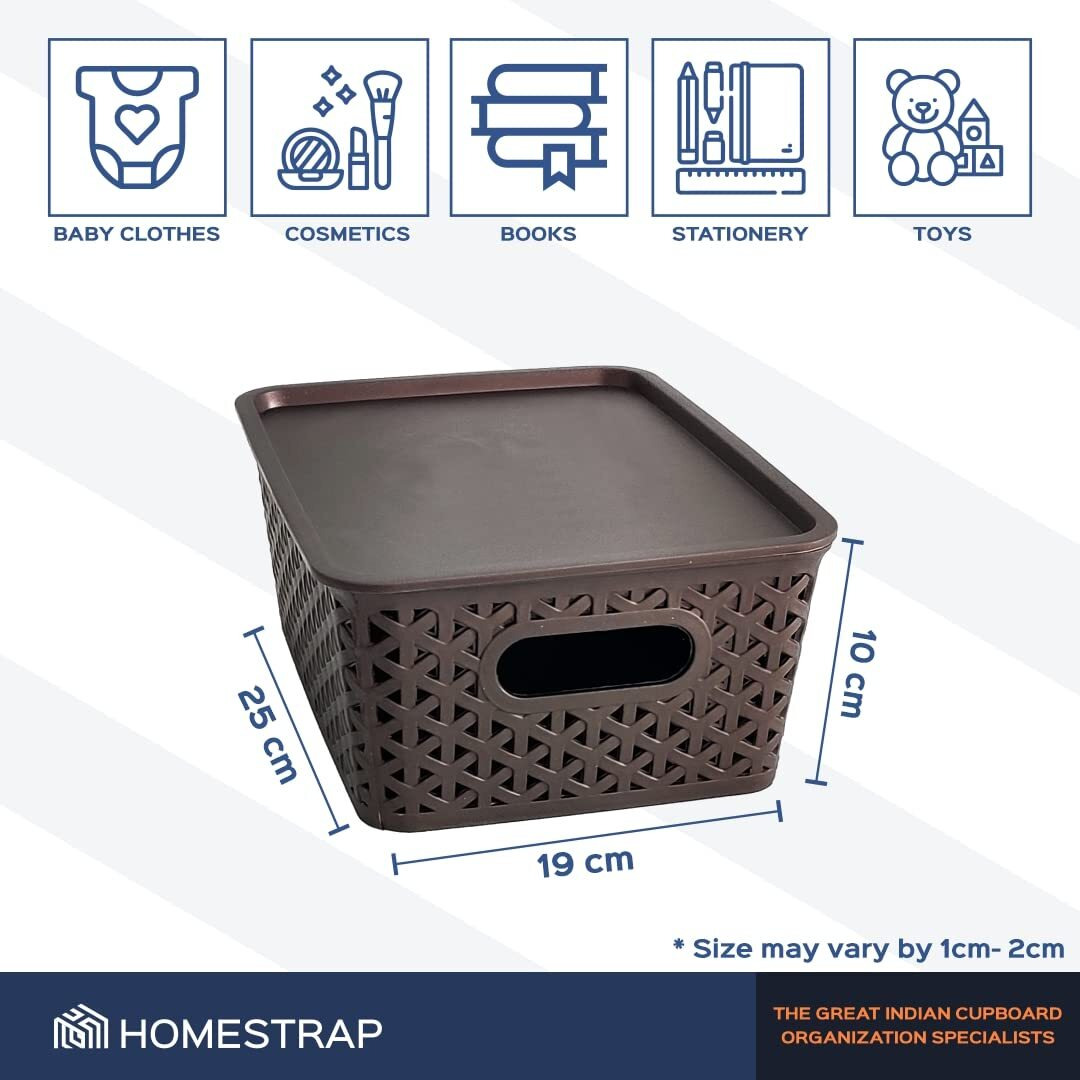 Homestrap Set Of 3 Plastic Storage Organizers/Baskets With Lid For Kitchen, Clothes, Multipurpose Vegetables, Toys, Books, Office, Stationery, Wardrobe (Small|Brown) Rectangular