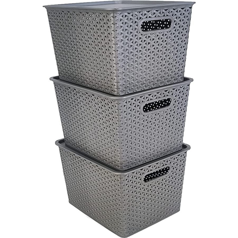 Homestrap Set Of 3 Plastic Storage Organizers/Baskets With Lid For Kitchen, Clothes, Multipurpose Vegetables, Toys, Books, Office, Stationery, Wardrobe(Large | Grey, Rectangular)