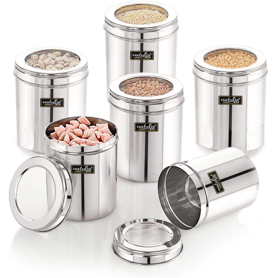 Natulix 750Gms Stainless Steel Containers For Kitchen With See Through Lid | Kitchen Containers Set | Silver (1000Ml - 6Pcs) Food Grains Capacity - 750Gms Approx