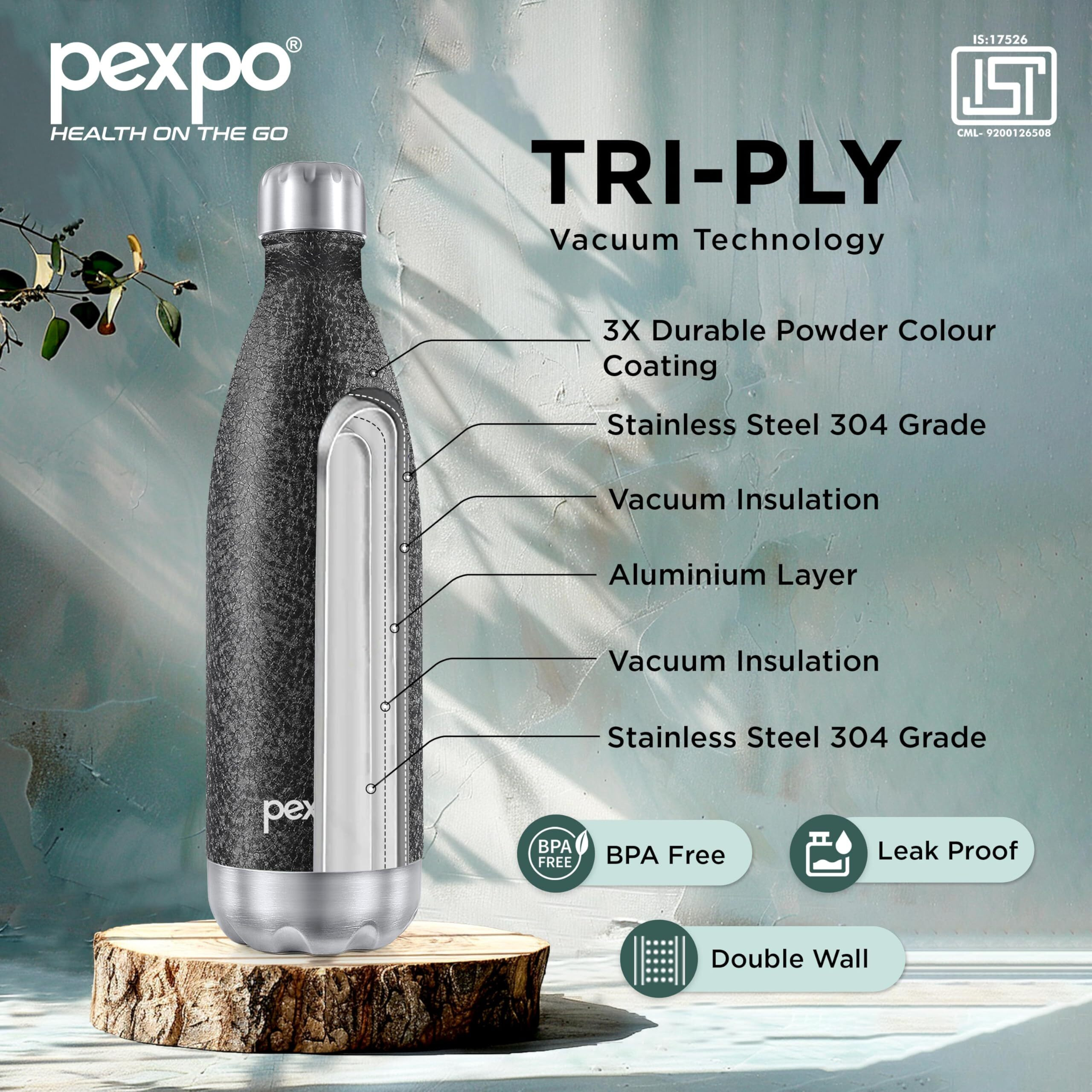 Pexpo Stainless Steel Hot And Cold Vacuum Insulated Isi Certified Flask, 750Ml, Pack Of 2, Black, Electro | Bpa Free
