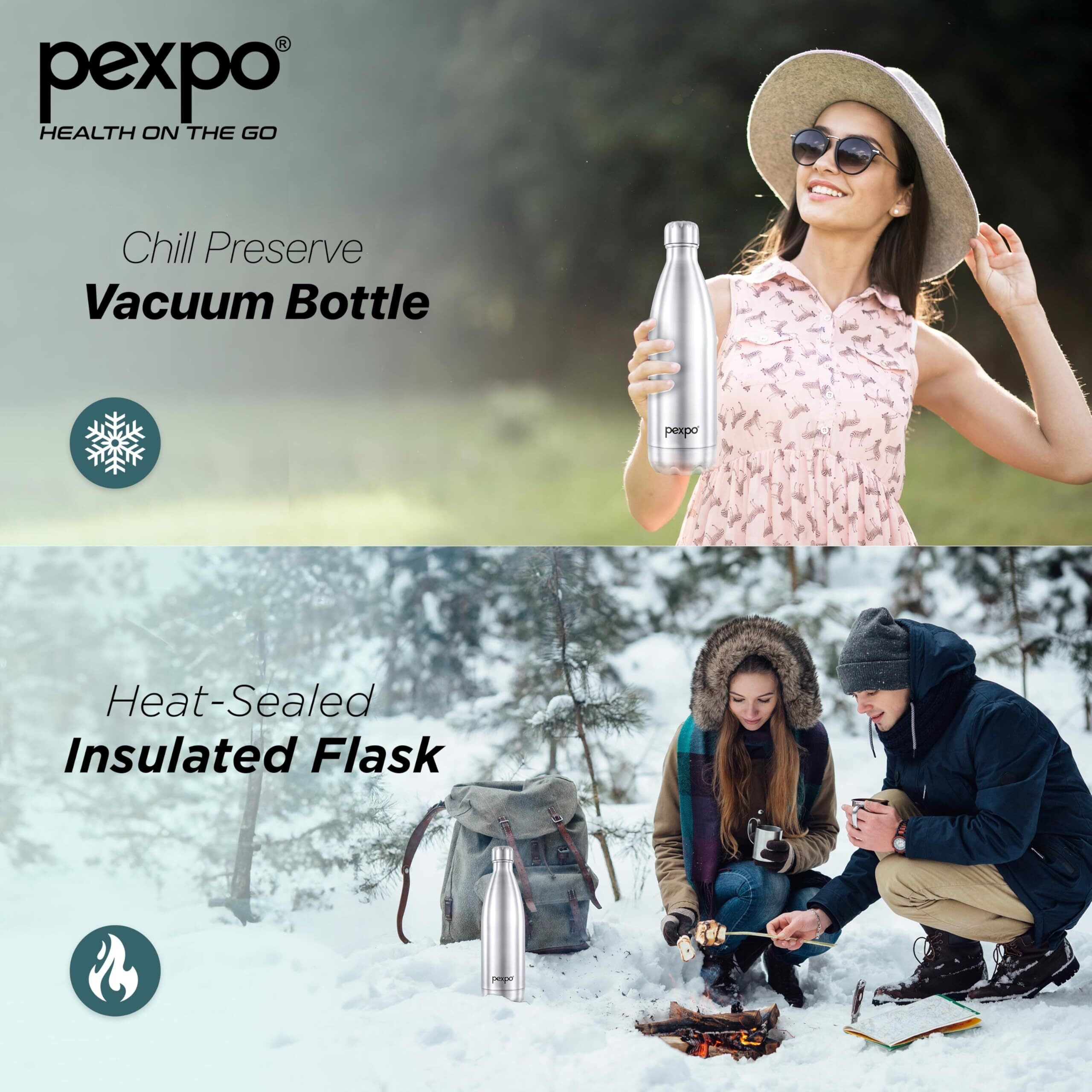Pexpo Electro Hot & Cold Isi Certified Flask | Stainless Steel Water Bottle - 1000Ml Silver, Pack Of 2 | Thermoflask | Office Bottle | Workout | Travelling | Home | Adults