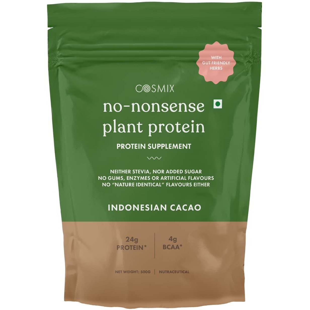 Cosmix No-Nonsense Plant Protein | 24G Protein/Serve | Indonesian Cacao | Organic Pea & Rice Isolate | Vegan Protein | Easy To Digest | All Essential Amino Acids - 500G