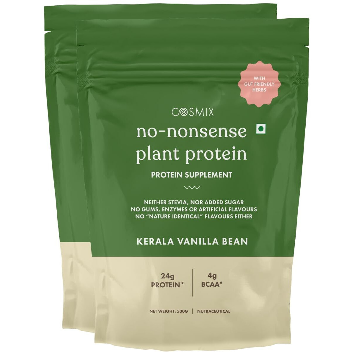 Cosmix No Nonsense Plant Protein | Organic Pea & Brown Rice Isolate | Vegan | 24G Protein/Serving | Easy To Digest | All Essential Amino Acids- 1 Kg | Kerala Vanilla Bean - 500G (Pack Of 2)