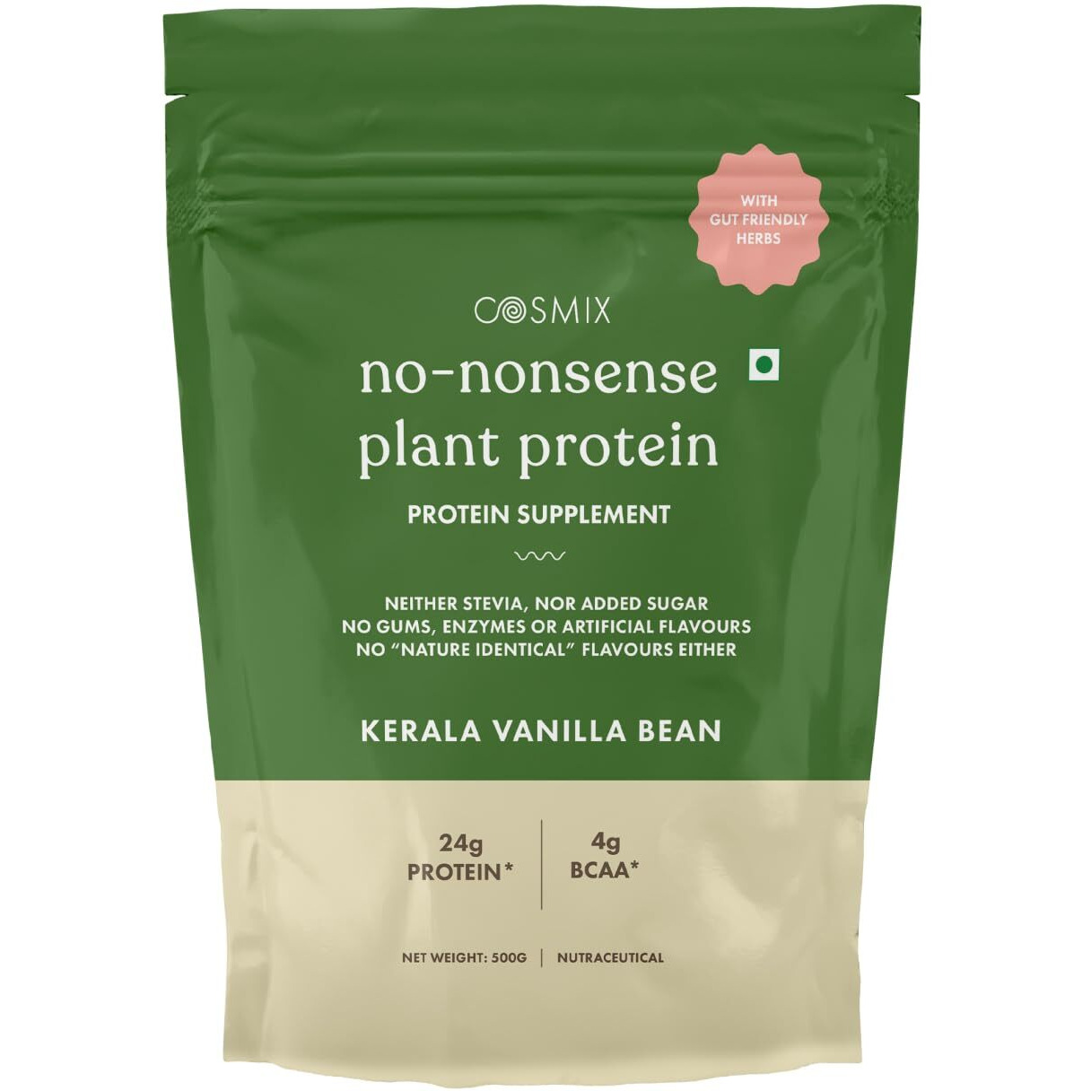 Cosmix No-Nonsense Plant Protein | 24G Protein/Serve | Kerala Vanilla Bean | Organic Pea & Rice Isolate | Vegan Protein | Easy To Digest | All Essential Amino Acids - 500G