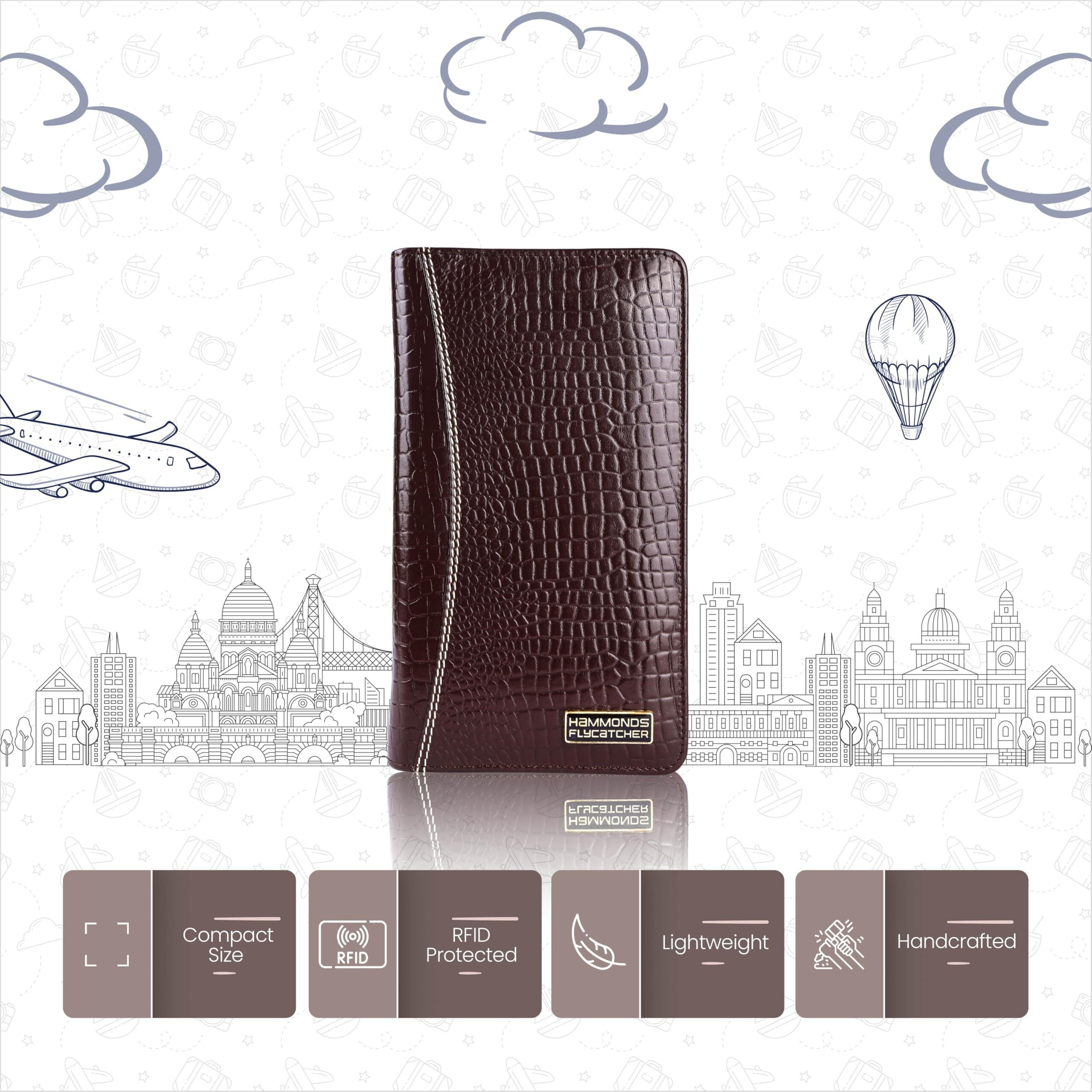 Hammonds Flycatcher Genuine Leather Passport Cover For Men, Passport Cover For Women, Rfid Passport Holder For Men Travel Accessories For Men, Passport Bag For Men, 7 Atm Card Slots - Croc Brown