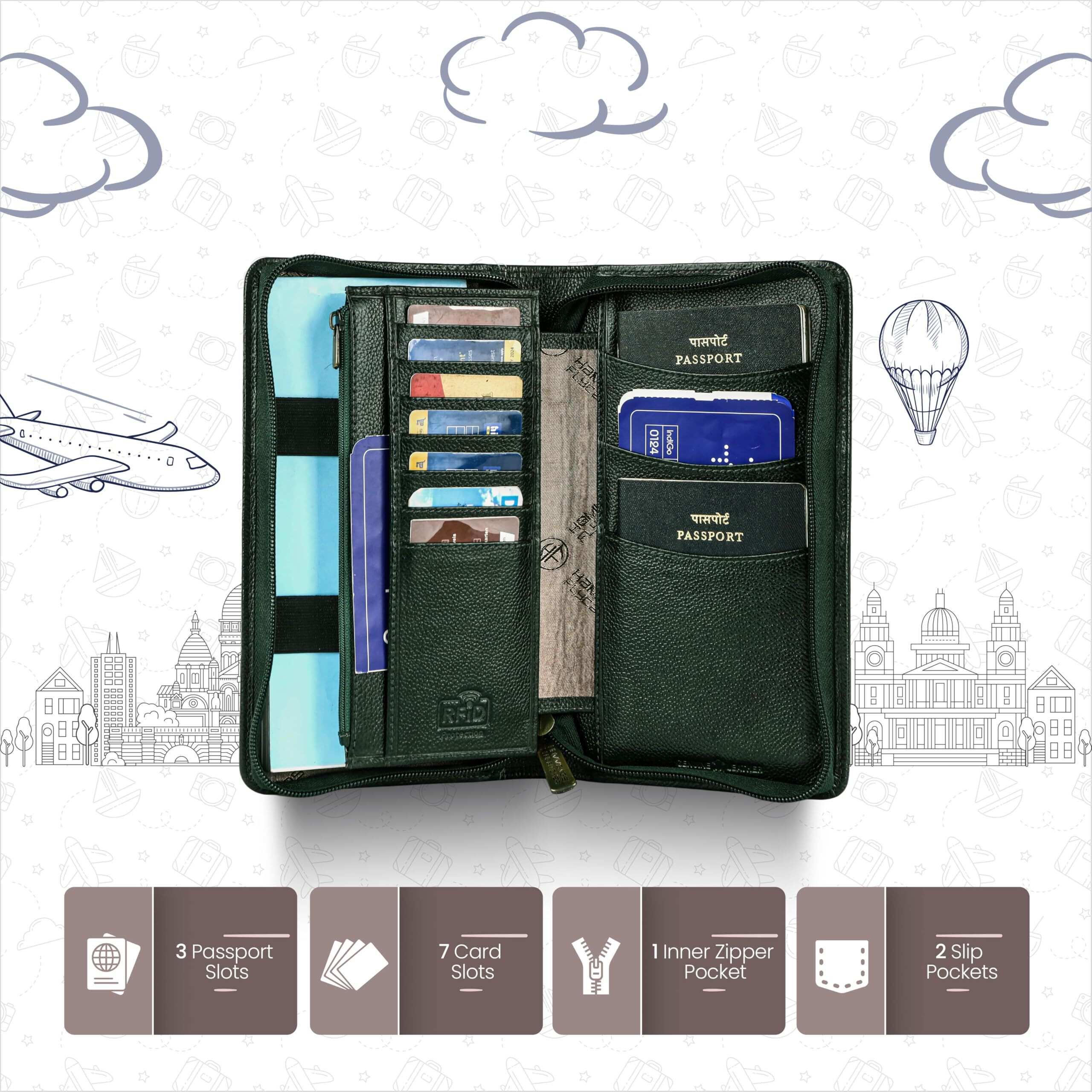 Hammonds Flycatcher Genuine Leather Passport Cover For Men, Passport Cover For Women, Rfid Passport Holder For Men Travel Accessories For Men, Passport Bag For Men, 7 Atm Card Slots - Green