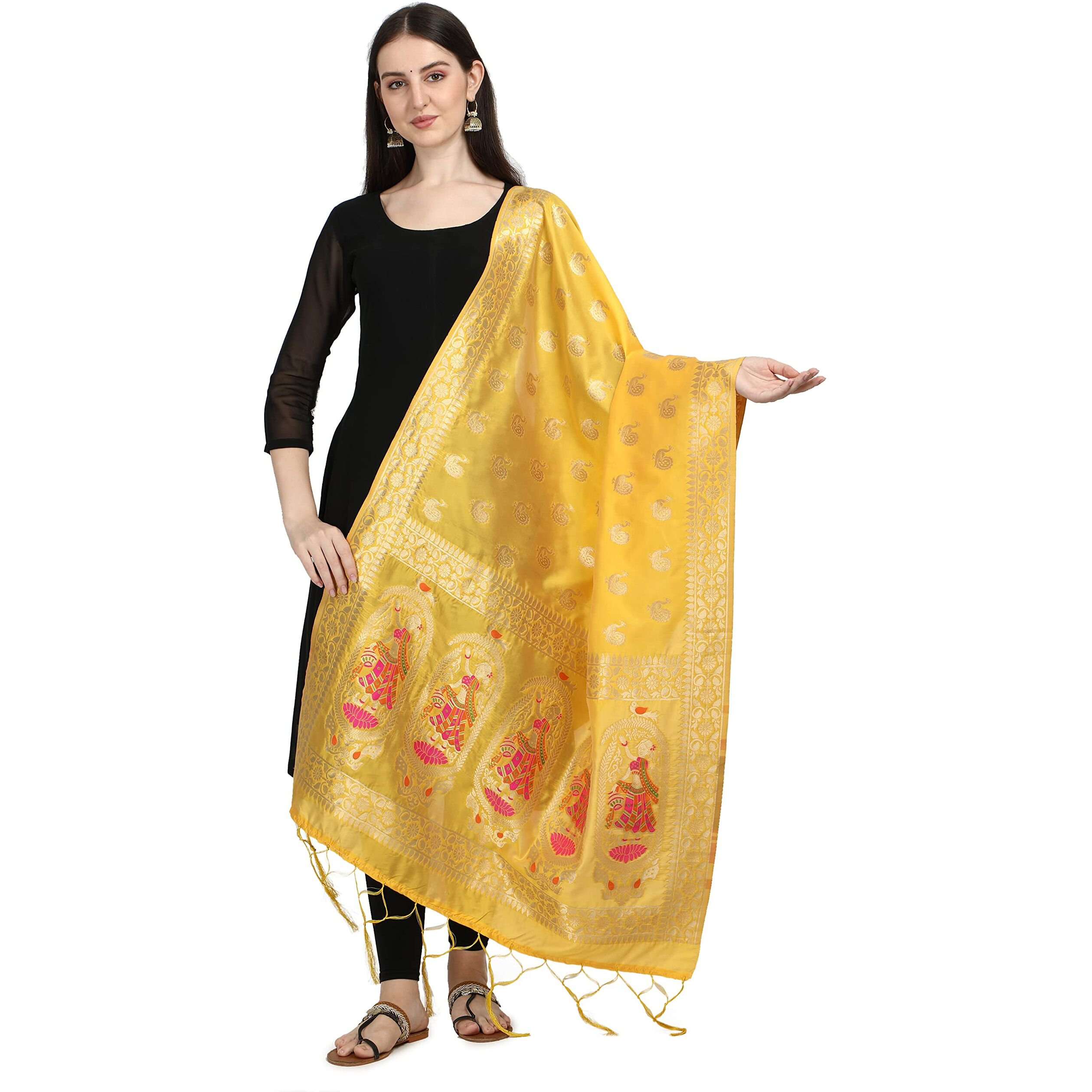 Devangi Women's Woven Banarasi Silk Zari Dupatta/Chunni, Width 1 Meter, Length 2.5 Meter (Om-Dt-05-Yellow)