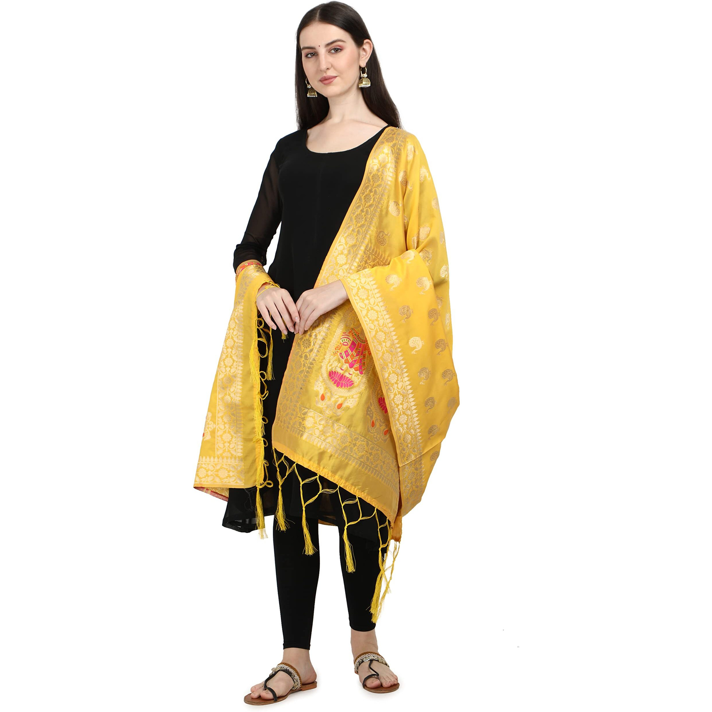 Devangi Women's Woven Banarasi Silk Zari Dupatta/Chunni, Width 1 Meter, Length 2.5 Meter (Om-Dt-05-Yellow)