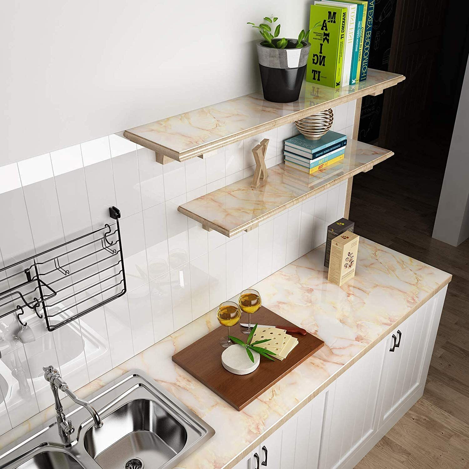 Wolpin Wall Stickers Marble Wallpaper Furniture (45 X 600 Cm) Jade Kitchen Counter, Cabinet Makeover, Almirah, Plastic & Wooden Tabletop, Wardrobe, Pvc Diy Self Adhesive, Beige