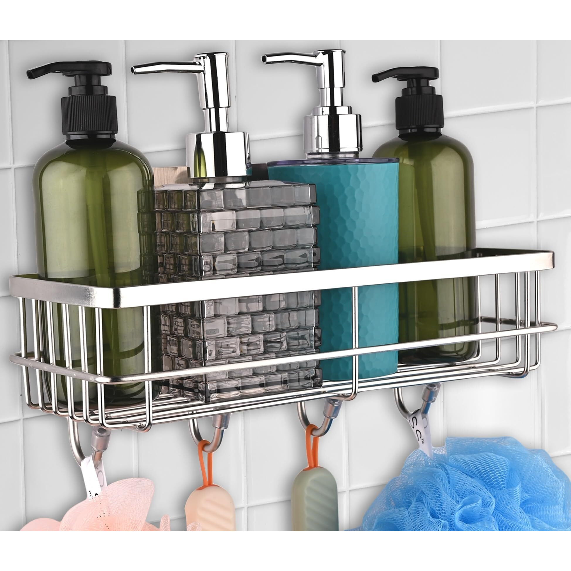 Saleon Self Adhesive Rack For Kitchen And Bathroom &lt6 Month Warranty> Wall Mounted Rack With Hooks, Stainless Steel Storage Rack, Rust Free Bathroom Shelf, Multipurpose Rack For Bathroom Accessories