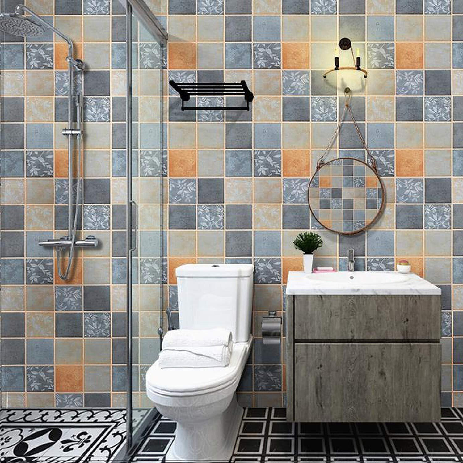 Wolpin Wall Stickers Wallpaper Bathroom Waterproof Kitchen Tiles Pattern (45 Cm X 10 M) Diy Stove Backsplash, Countertop Self Adhesive Decal, Blue & Orange, 200 Cms