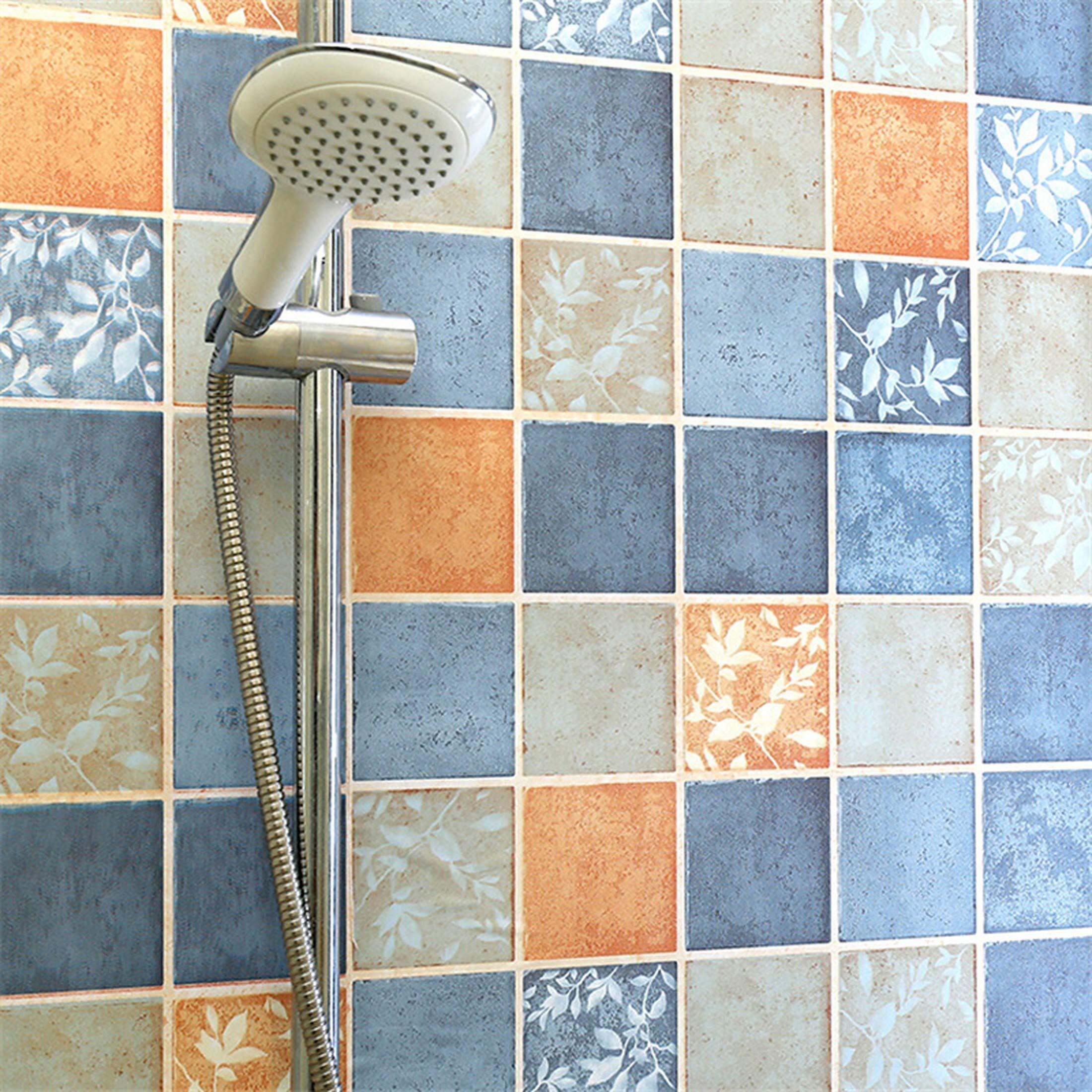 Wolpin Wall Stickers Wallpaper Bathroom Waterproof Kitchen Tiles Pattern (45 Cm X 10 M) Diy Stove Backsplash, Countertop Self Adhesive Decal, Blue & Orange, 200 Cms