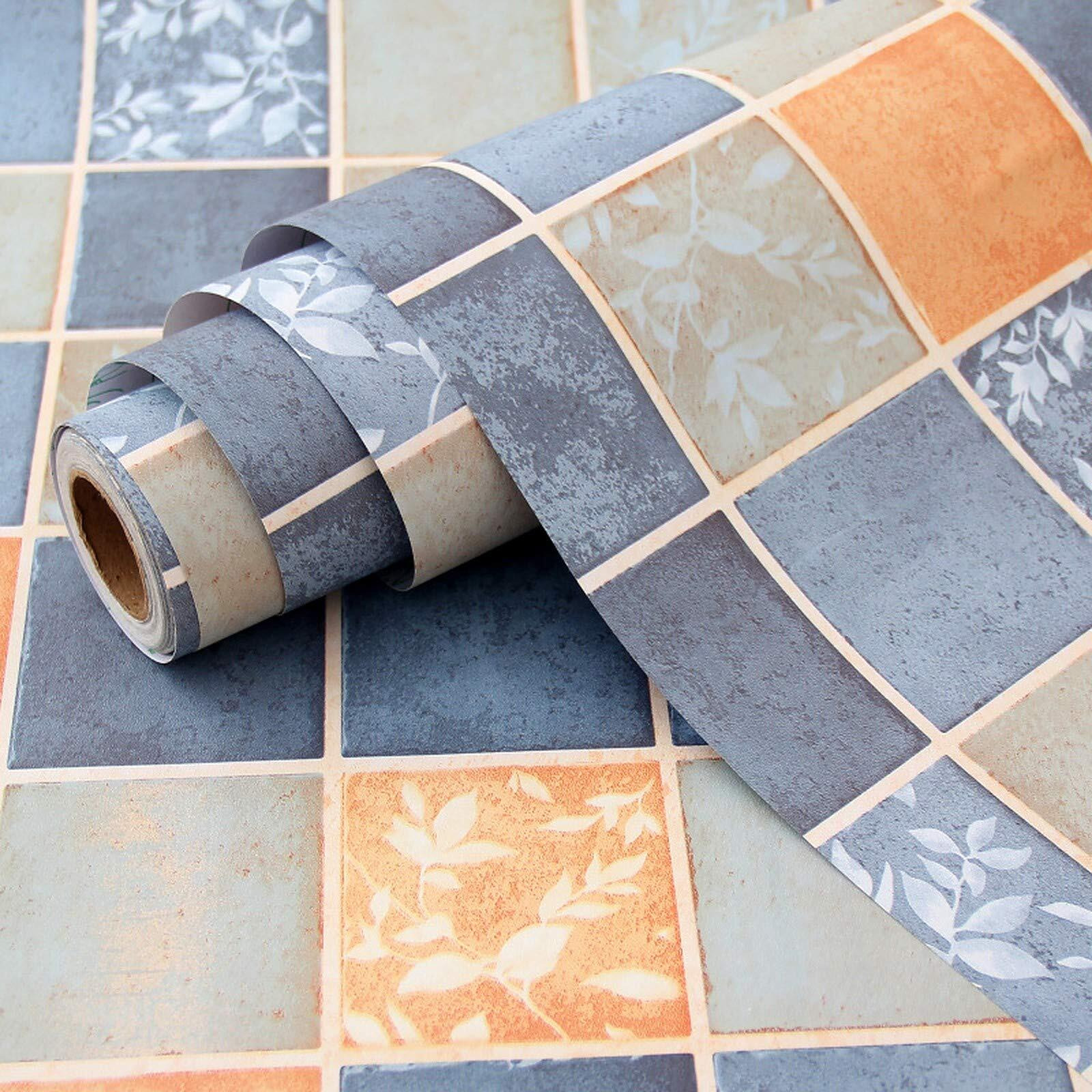 Wolpin Wall Stickers Wallpaper Bathroom Waterproof Kitchen Tiles Pattern (45 Cm X 10 M) Diy Stove Backsplash, Countertop Self Adhesive Decal, Blue & Orange, 200 Cms