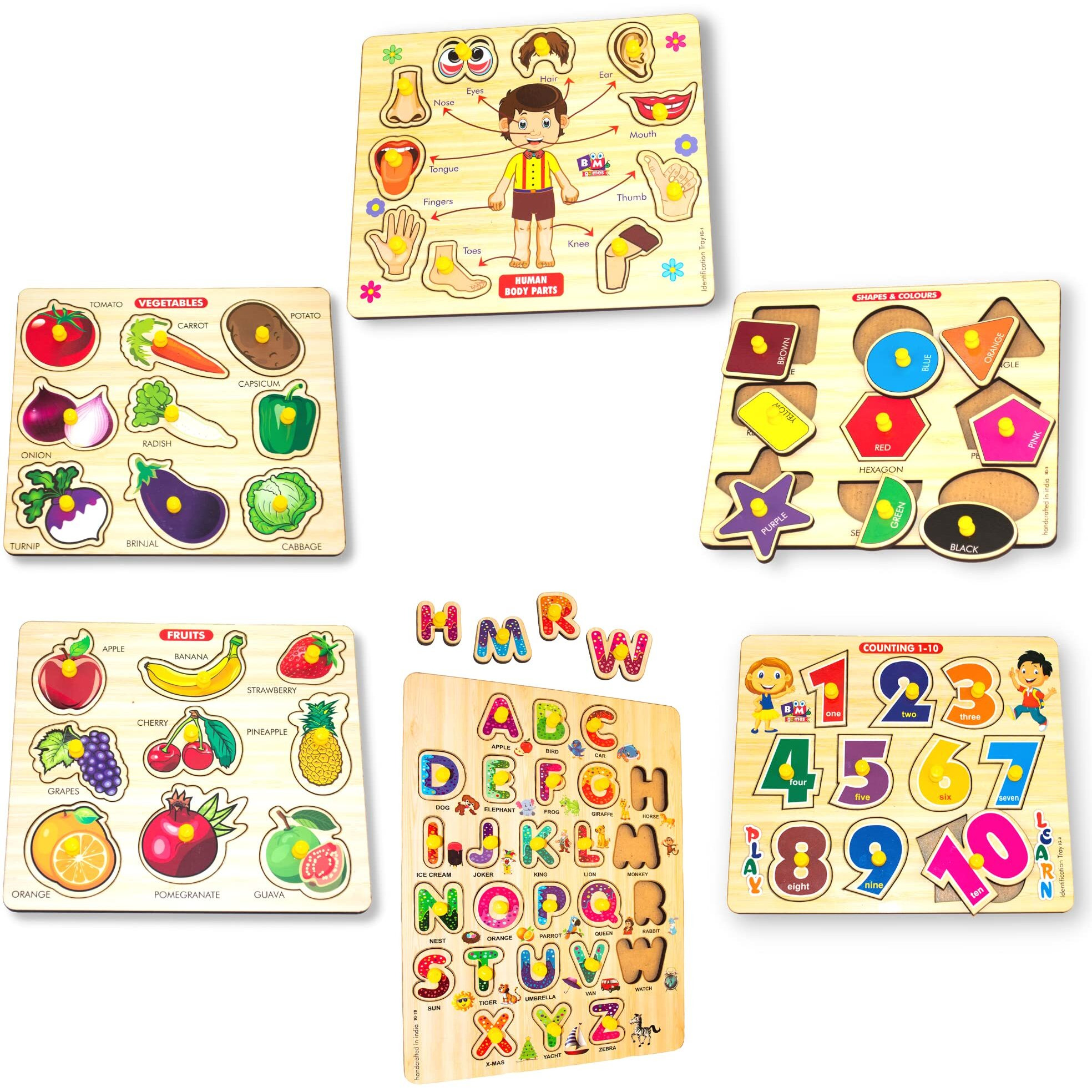 Bugbee Wooden Puzzle Games For Kids Combo Of Shapes Number Alphabets Body Parts Fruits & Vegetable Puzzle Toys For 2-6 Years Preschool Educational And Montessori Learning Jigsaw Puzzle Toy Gift Set