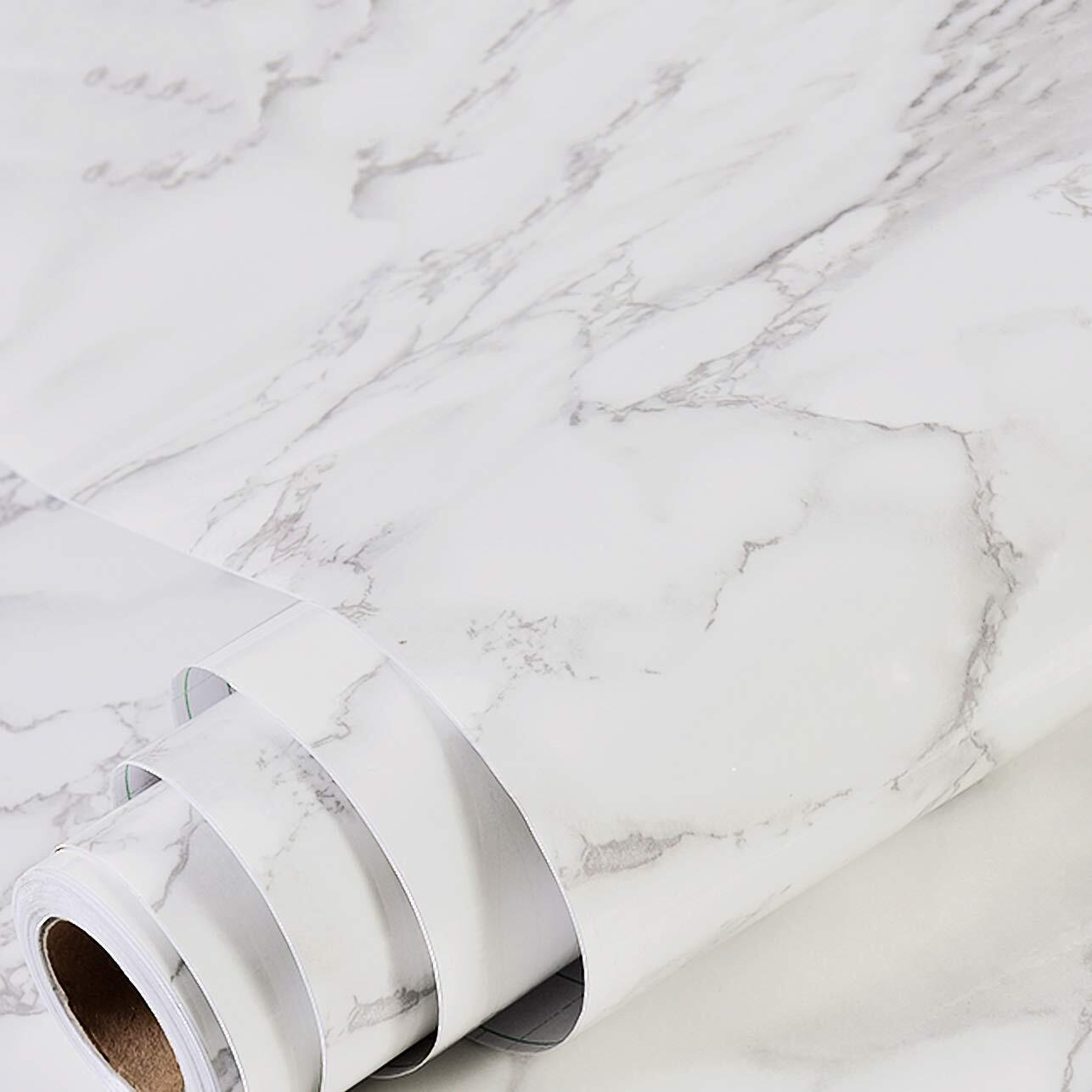 Wolpin Wall Stickers Marble Wallpaper Furniture Kitchen, Cabinets, Almirah, Tabletop, Plastic Table, Wooden Table, Wardrobe, Renovation Pvc Diy Self Adhesive, Pearl White