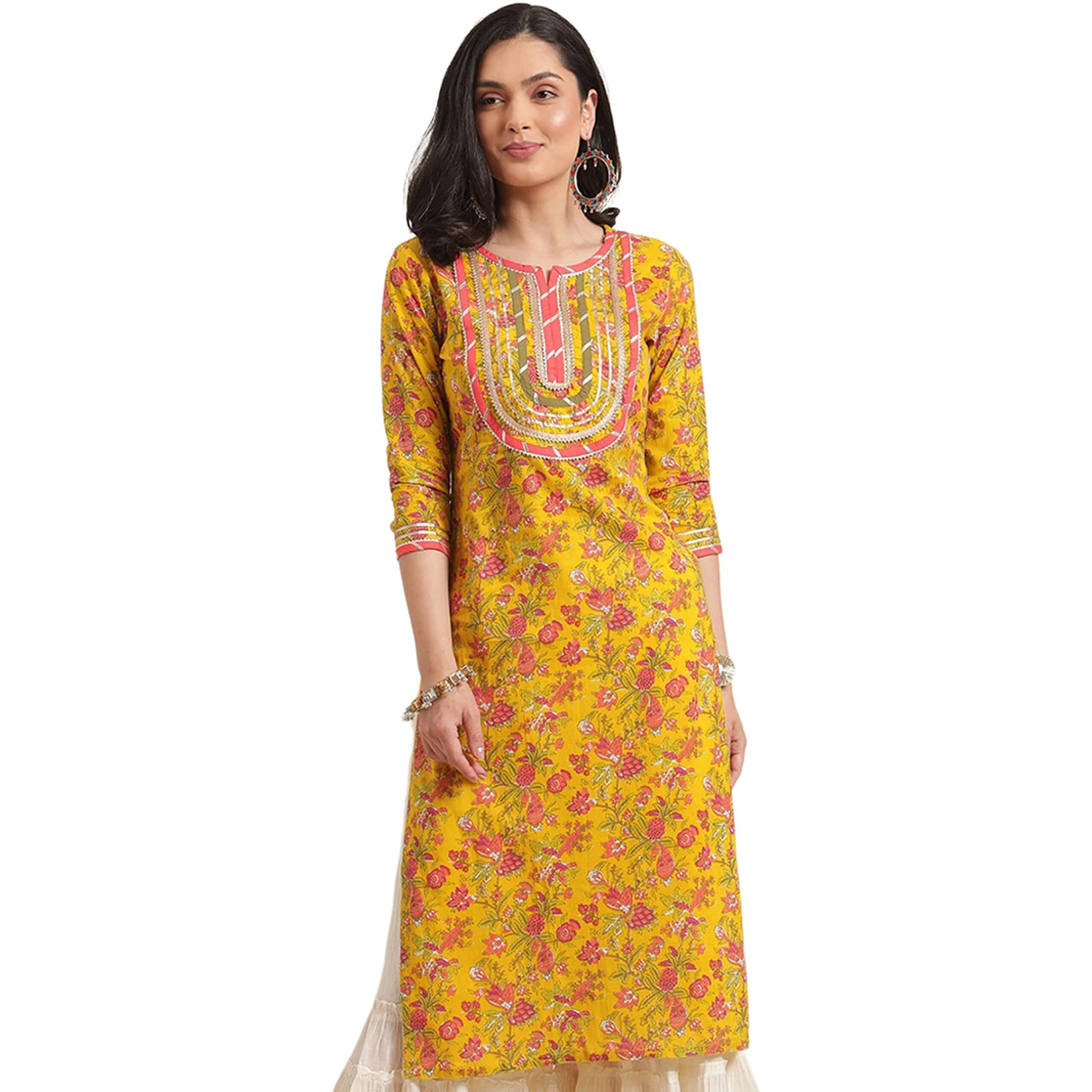 Rytras Women's Cotton Printed Straight Kurti (X-Large) Yellow