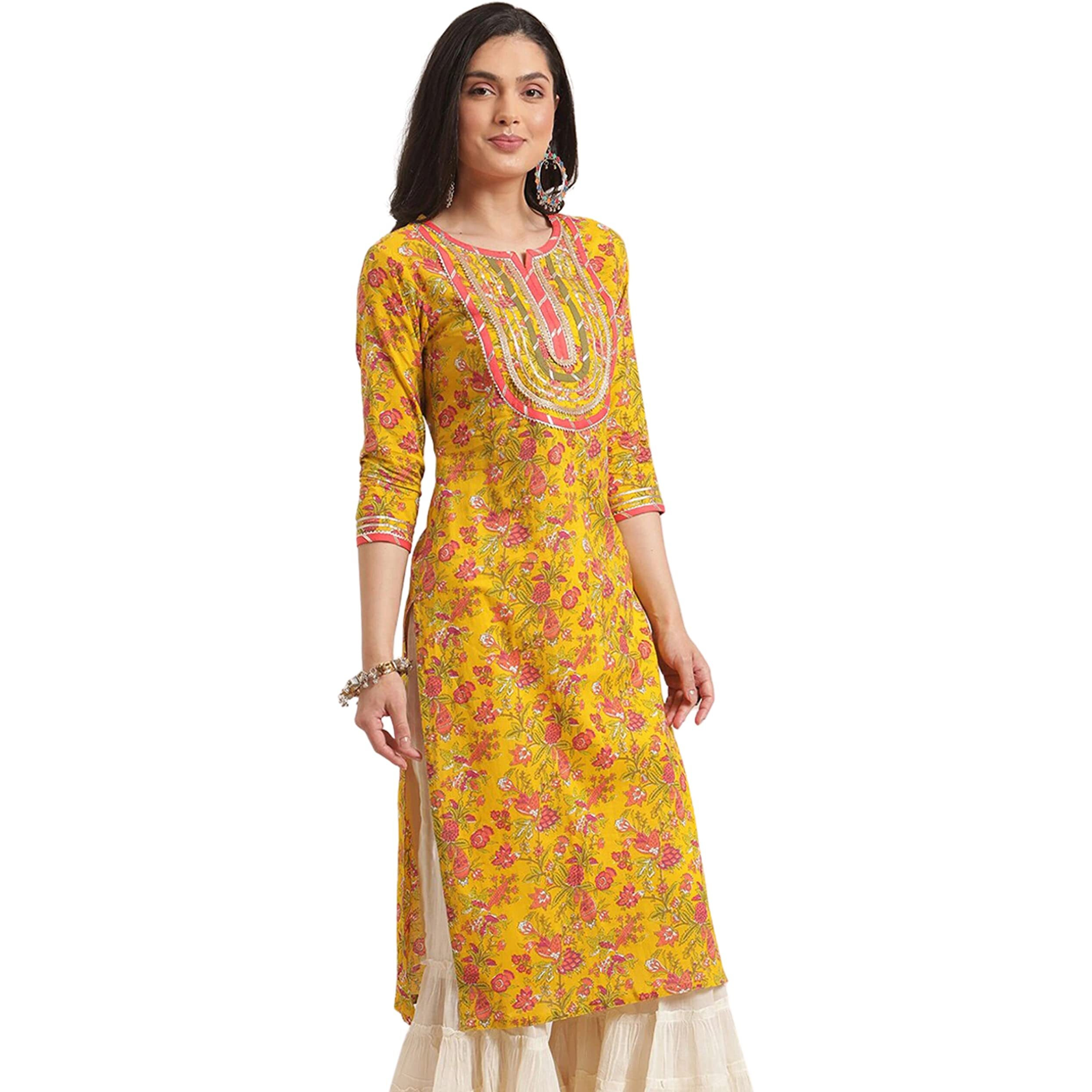 Rytras Women's Cotton Printed Straight Kurti (X-Large) Yellow