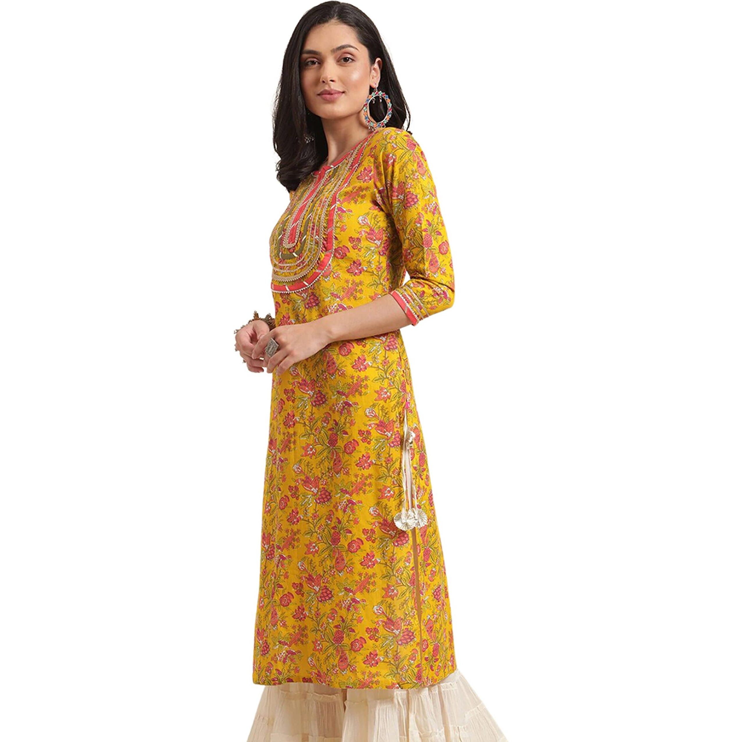 Rytras Women's Cotton Printed Straight Kurti (X-Large) Yellow