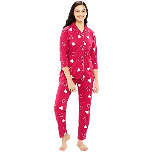 Zeyo Women's Cotton Heart Printed Stylish Night Suit Set Of Shirt & Pyjama 5615 Red