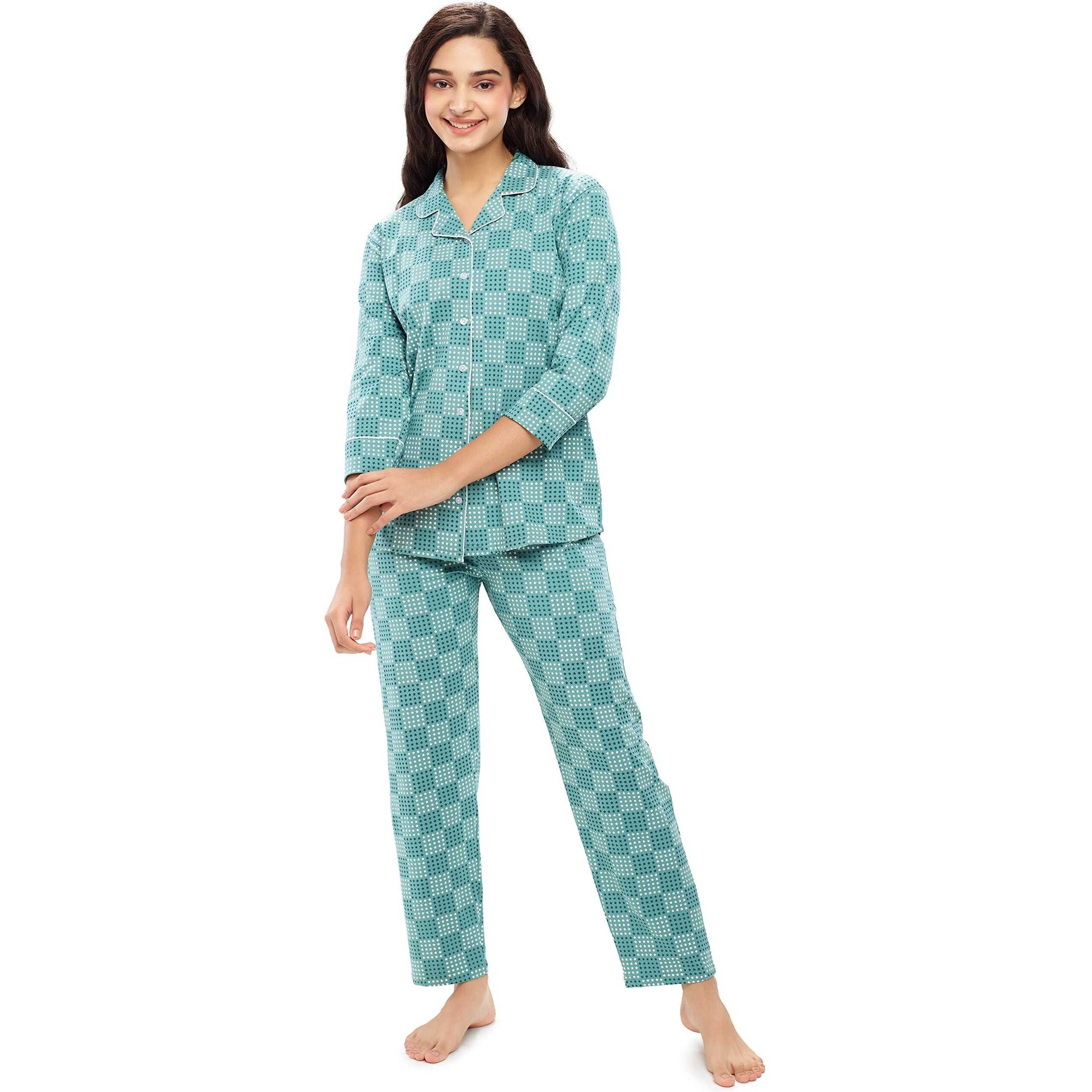 Zeyo Women's Cotton Star Printed Stylish Night Suit Set Of Shirt & Pajama Set 5616 Green