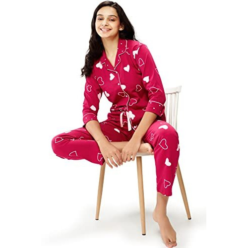 Zeyo Women's Cotton Heart Printed Stylish Night Suit Set Of Shirt & Pyjama 5615 Red