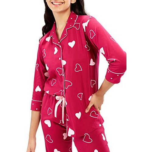 Zeyo Women's Cotton Heart Printed Stylish Night Suit Set Of Shirt & Pyjama 5615 Red