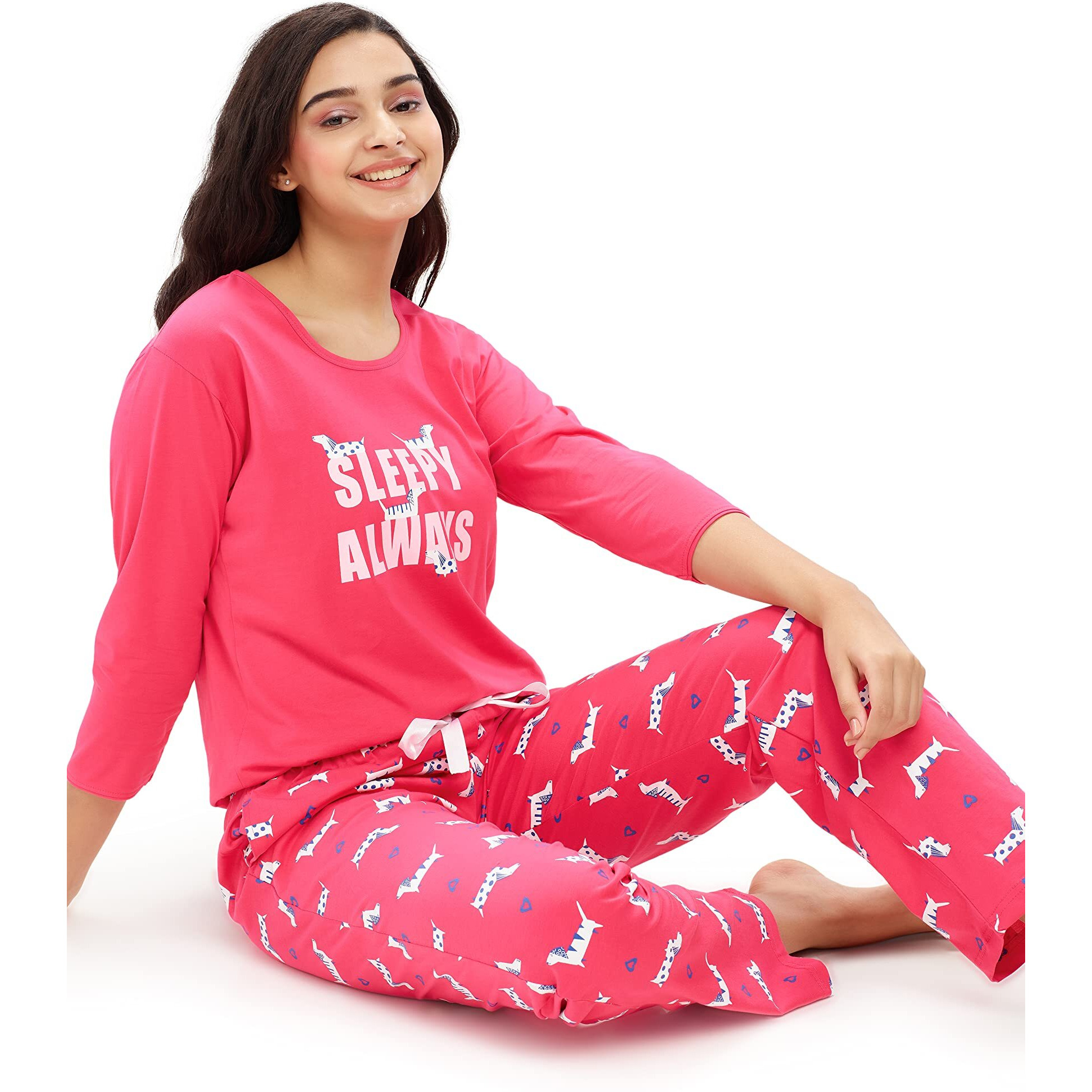 Zeyo Women's Cotton Dog & Heart Printed Stylish Night Suit Set Of Top & Pyjama 5620 Pink
