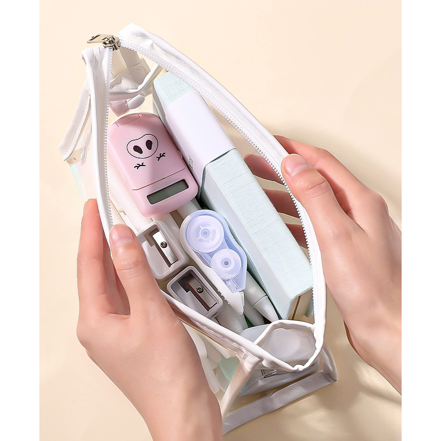 Wolpin Large Capacity Pencil Bag, Transparent Pencil Pouch With Zipper Closure Portable Makeup Pouch, Case Cute Stationery Bag For Students Girls Adults Office (Transparent)