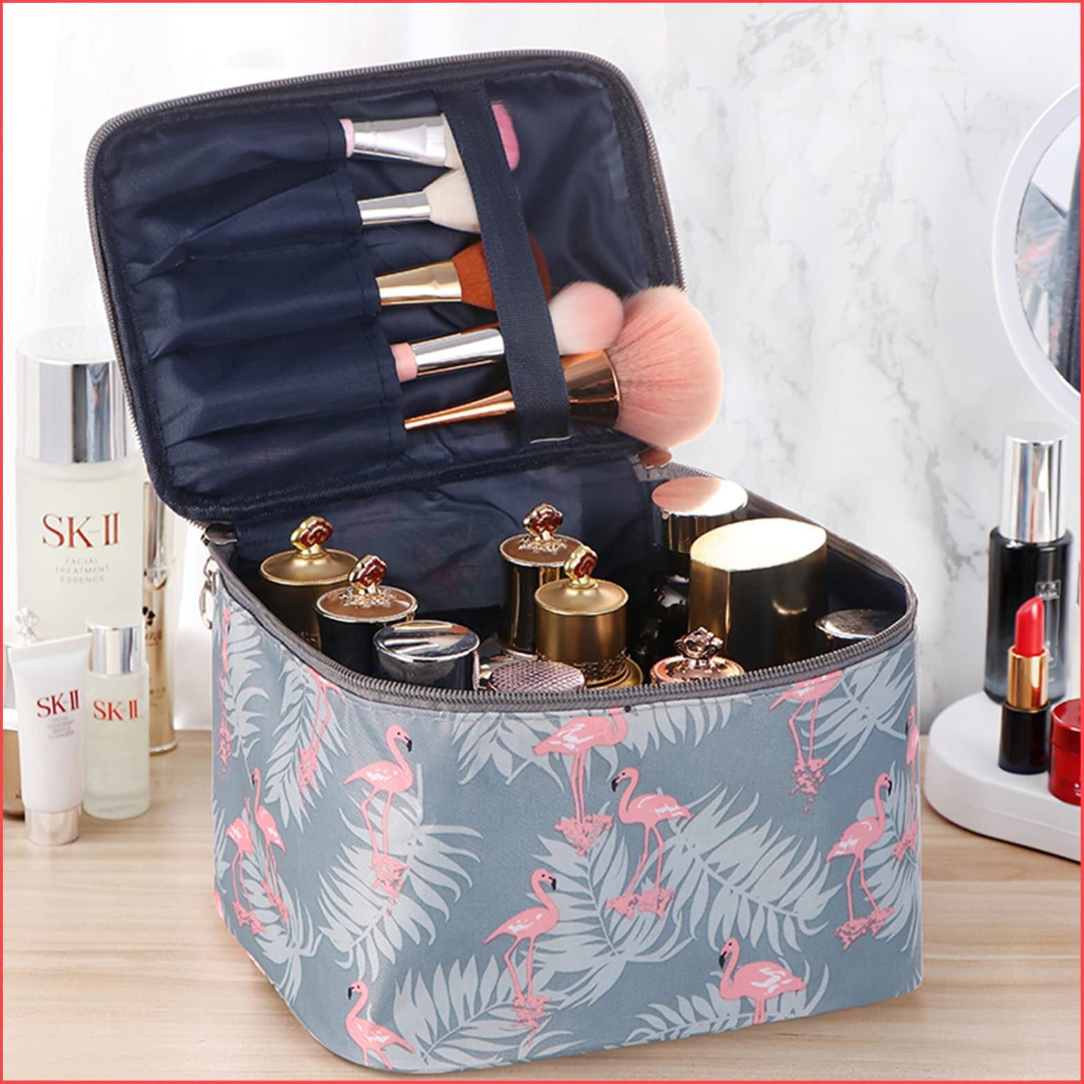 Wolpin Professional Large Cosmetic Makeup Kit Storage Organizer Travel Toiletry Vanity Bag With Big Compartment, Waterproof Makeup Brush Holder Portable (22.5 X 17 X 15 Cm) Flamingo Design, Multicolor