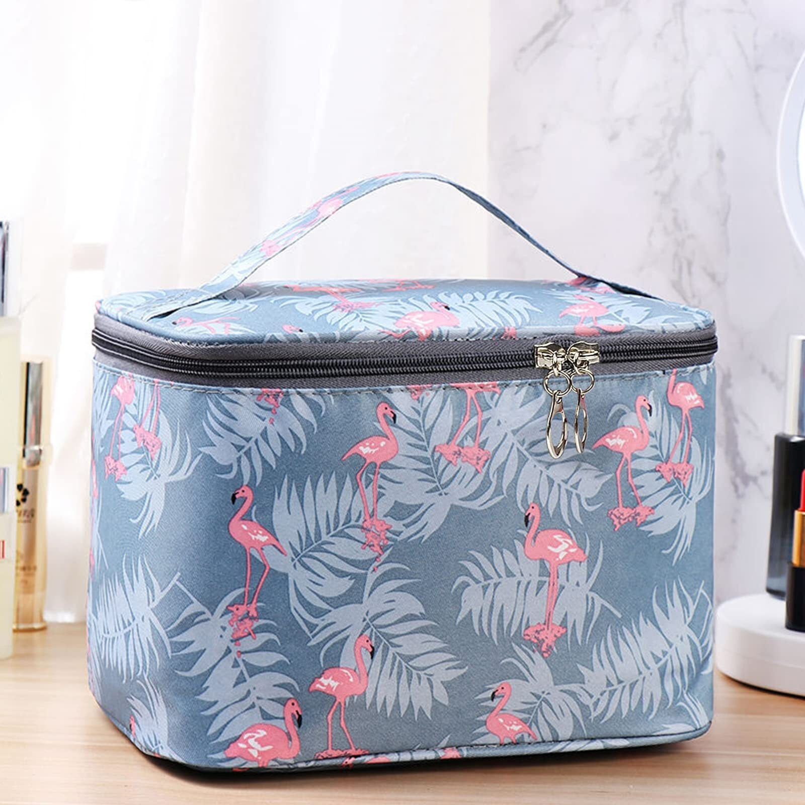 Wolpin Professional Large Cosmetic Makeup Kit Storage Organizer Travel Toiletry Vanity Bag With Big Compartment, Waterproof Makeup Brush Holder Portable (22.5 X 17 X 15 Cm) Flamingo Design, Multicolor