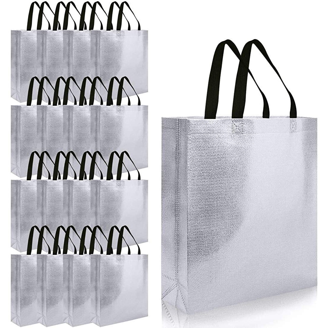 Drapme Medium Size Pack Of 10 Pcs Glossy Metallic Laminated Non-Woven Reusable Eco-Friendly Party Return Gift Bags (Silver) (Medium 12X13X4 Inch)