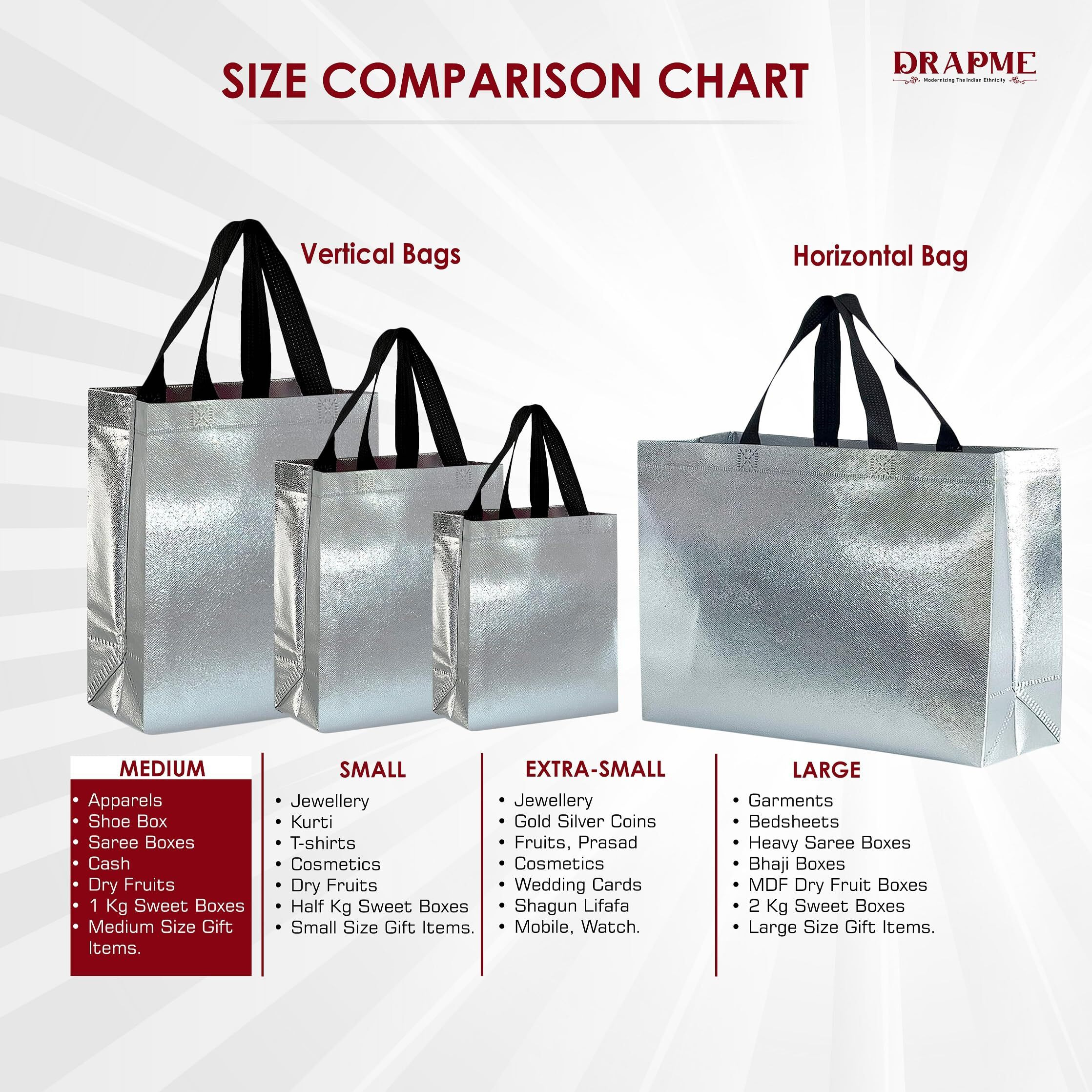 Drapme Medium Size Pack Of 10 Pcs Glossy Metallic Laminated Non-Woven Reusable Eco-Friendly Party Return Gift Bags (Silver) (Medium 12X13X4 Inch)