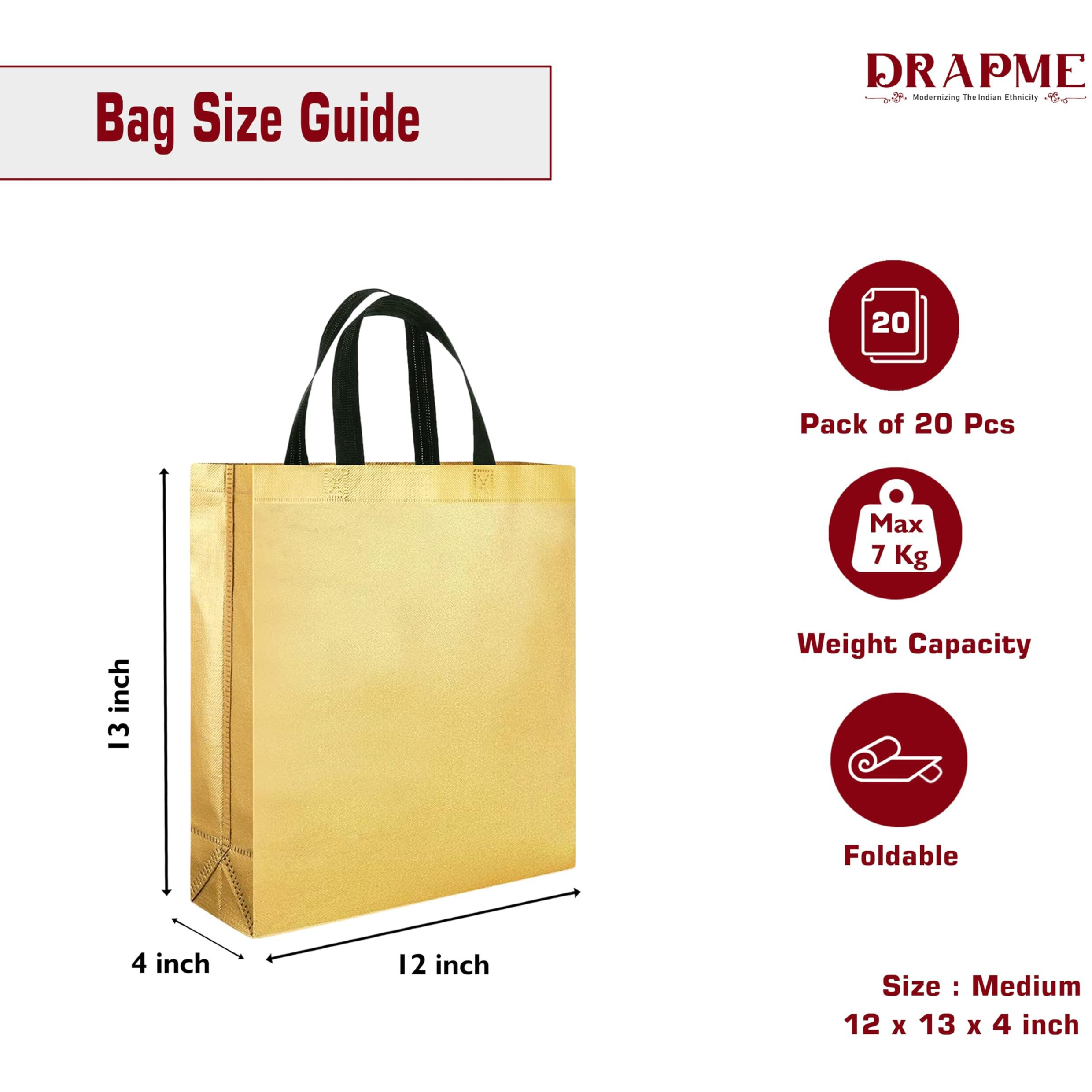 Drapme Medium Size Pack Of 20 Pcs Glossy Metallic Laminated Non-Woven Reusable Eco-Friendly Party Return Gift Bags (Golden) (Medium 12X13X4 Inch)