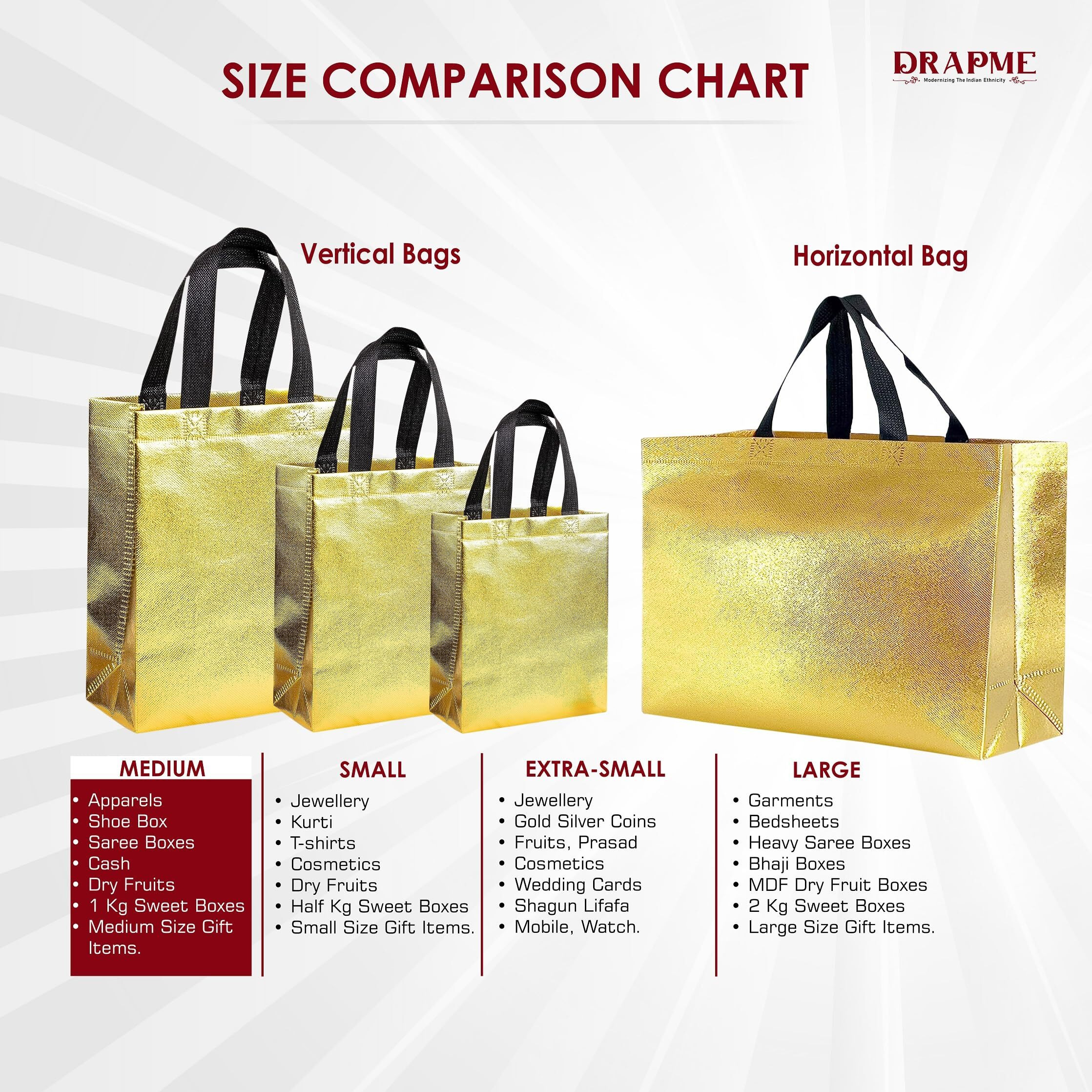 Drapme Medium Size Pack Of 20 Pcs Glossy Metallic Laminated Non-Woven Reusable Eco-Friendly Party Return Gift Bags (Golden) (Medium 12X13X4 Inch)