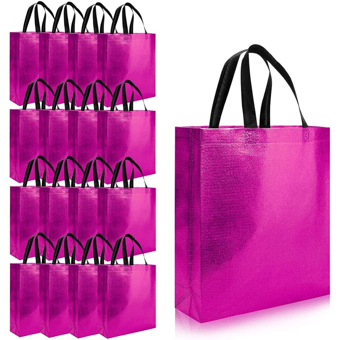 Drapme Medium Size Pack Of 20 Pcs Glossy Metallic Laminated Non-Woven Reusable Eco-Friendly Party Return Gift Bags (Hot Pink) (Medium 12X13X4 Inch)