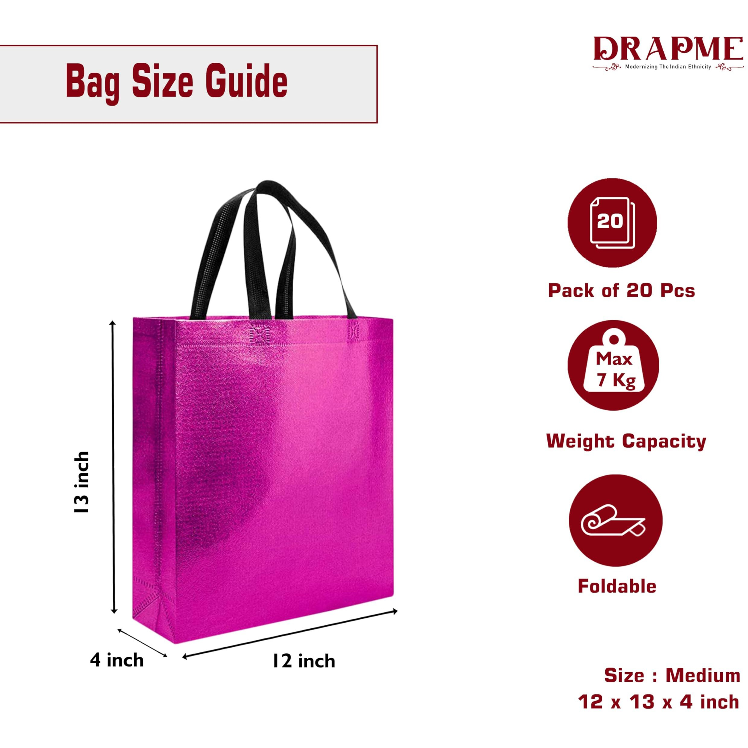 Drapme Medium Size Pack Of 20 Pcs Glossy Metallic Laminated Non-Woven Reusable Eco-Friendly Party Return Gift Bags (Hot Pink) (Medium 12X13X4 Inch)