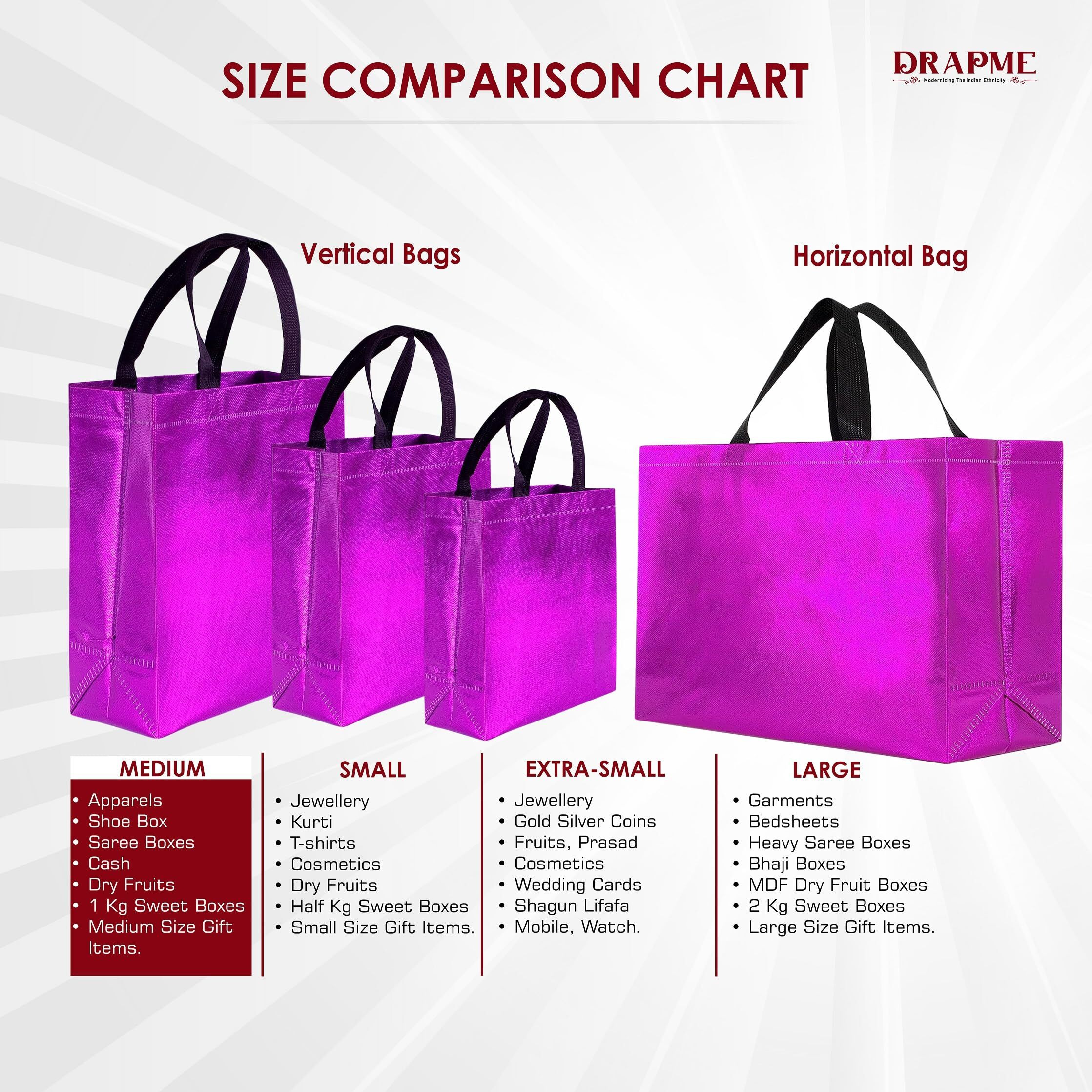 Drapme Medium Size Pack Of 20 Pcs Glossy Metallic Laminated Non-Woven Reusable Eco-Friendly Party Return Gift Bags (Hot Pink) (Medium 12X13X4 Inch)