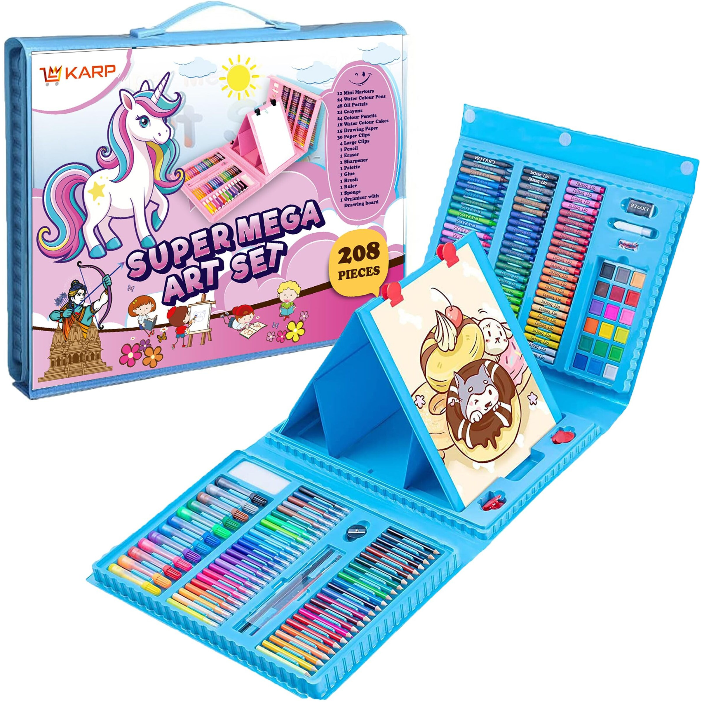 Shuban Plastic 208 Pcs Art Supplies Drawing Kit For Kids Adults With Double Sided Trifold Easel, Oil Pastels, Crayons, Colored Pencils, Watercolor Pens Gift For Girls Boys Artist (Blue)