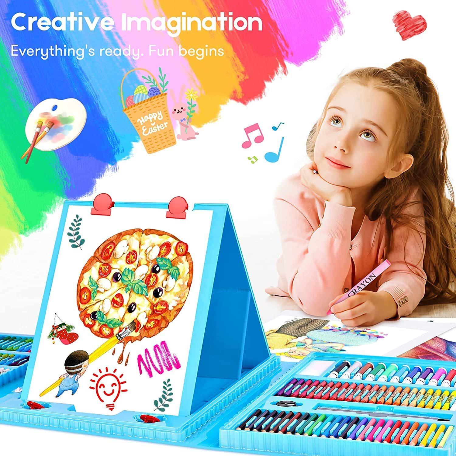 Shuban Plastic 208 Pcs Art Supplies Drawing Kit For Kids Adults With Double Sided Trifold Easel, Oil Pastels, Crayons, Colored Pencils, Watercolor Pens Gift For Girls Boys Artist (Blue)