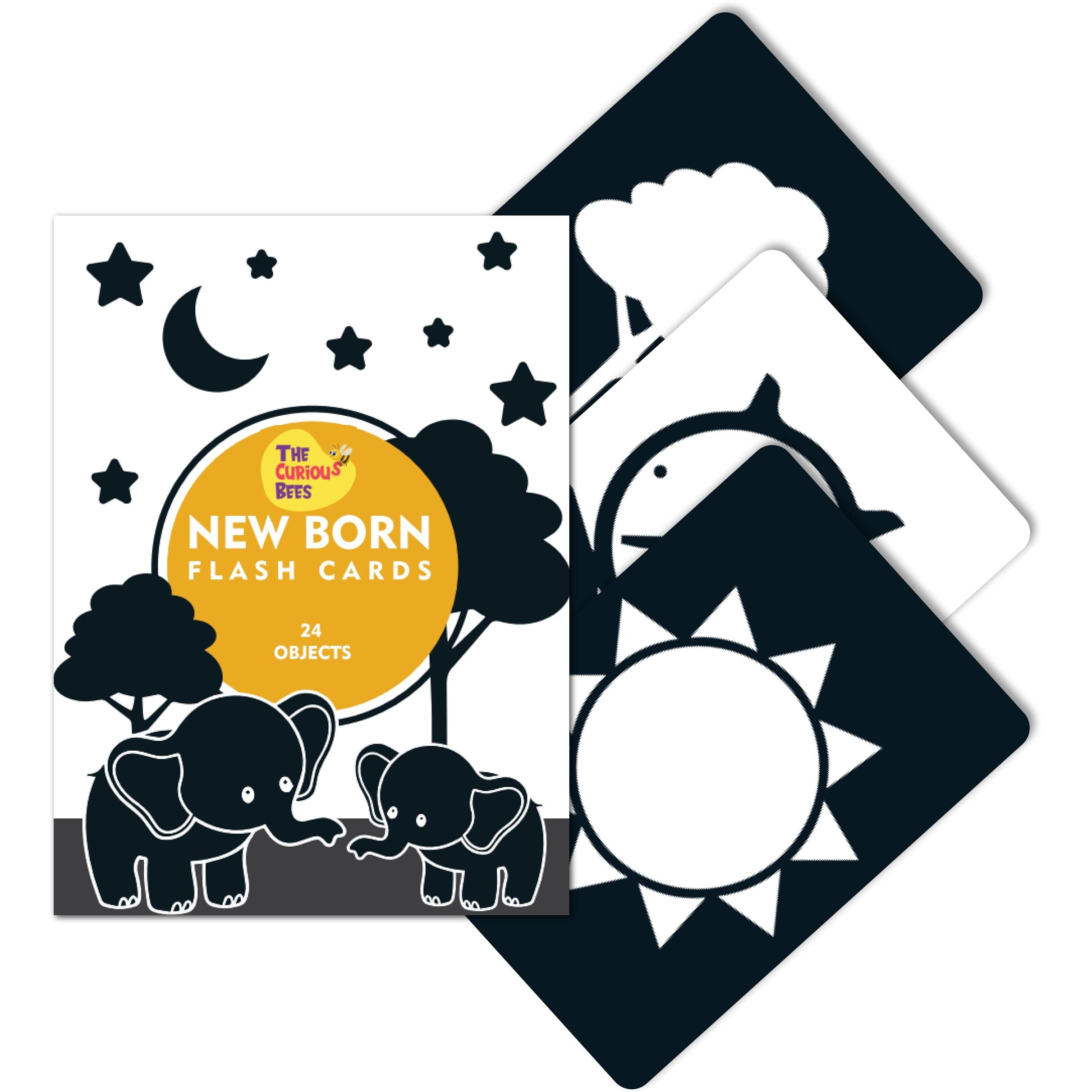 The Curious Bees - New Born High Contrast Visual_Perception Flash Cards For Infant Children - Black & White | 24 Objects | Age Group 0-1 Year | Visual Stimulation And Sensory Development For Infants