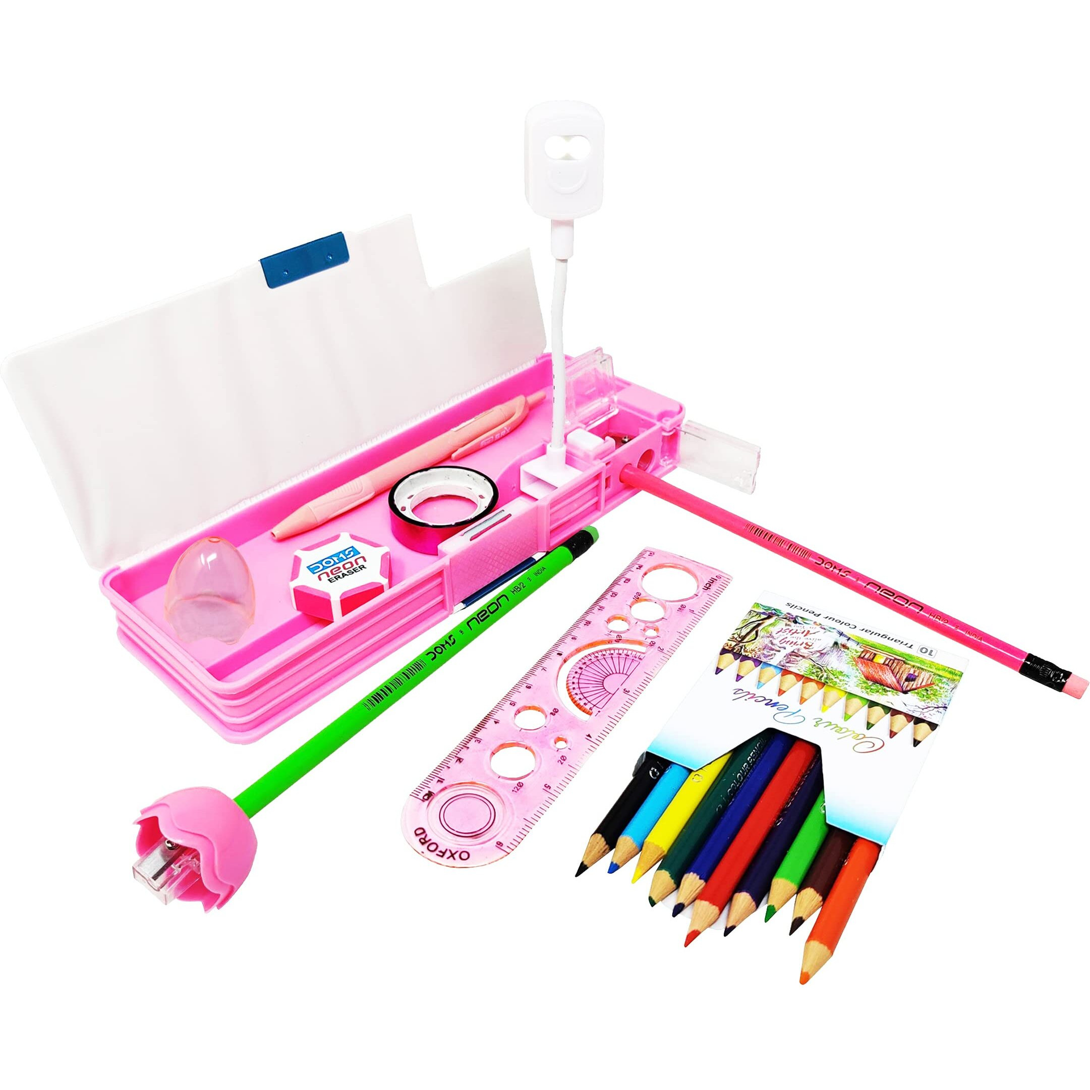 Parteet Combo (Pack Of 8 Items) 1 Dual Side Magnetic Pencil Box With Led Lamp, 2Pencil, 1 Scale, 1Sharpner, 1 Eraser, 1Gliter Tape, 1Pen, 10 Pc Pencil Colour For Kids - Plastic, Blue