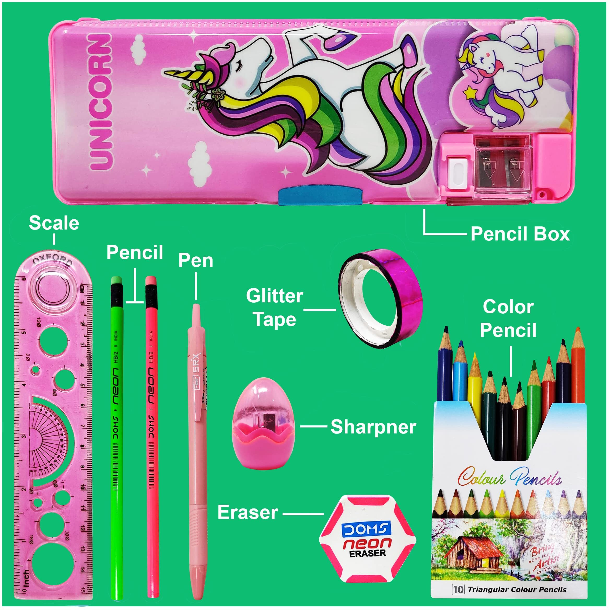 Parteet Combo (Pack Of 8 Items) 1 Dual Side Magnetic Pencil Box With Led Lamp, 2Pencil, 1 Scale, 1Sharpner, 1 Eraser, 1Gliter Tape, 1Pen, 10 Pc Pencil Colour For Kids - Plastic, Blue