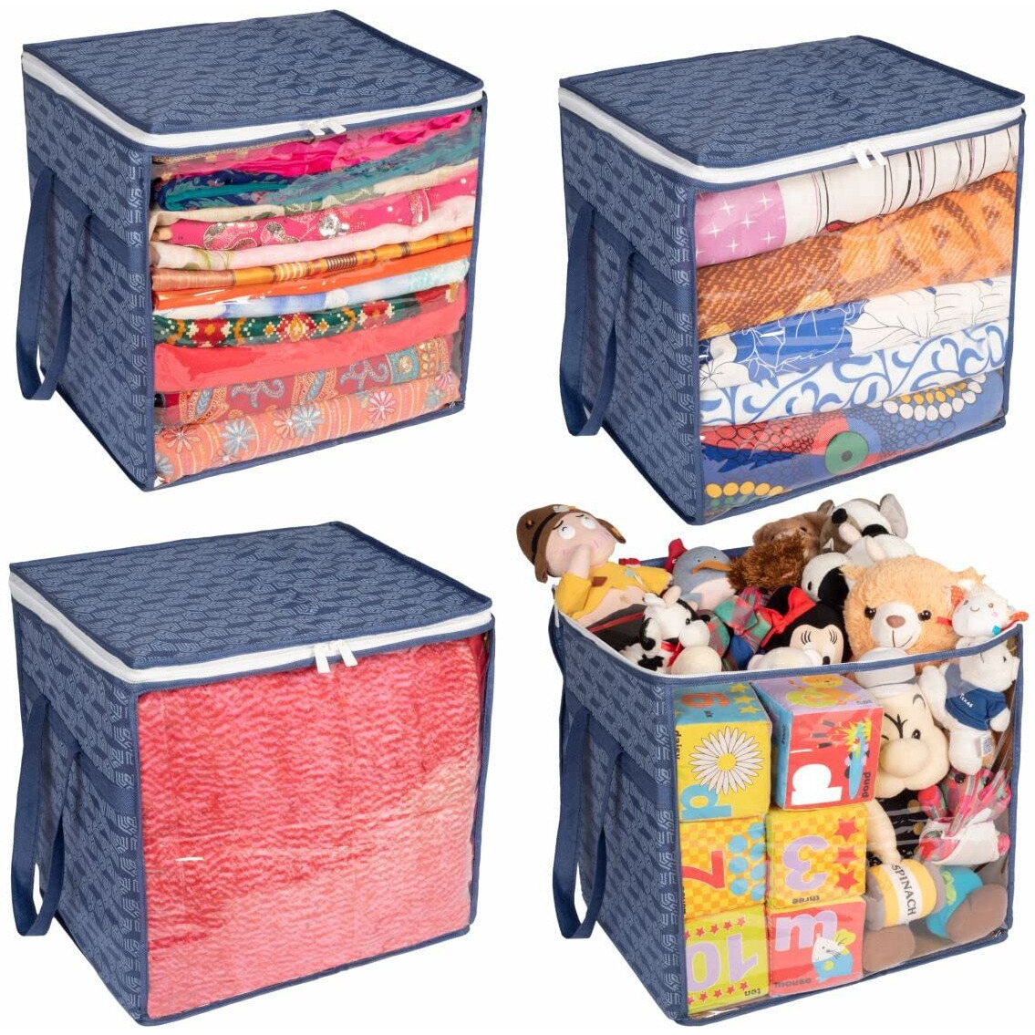 Homestrap Set Of 4 Jumbo Saree Cover With Front Window And Side Handle |Stackable Clothes Storage Organizer (Navy Blue, Polypropylene)